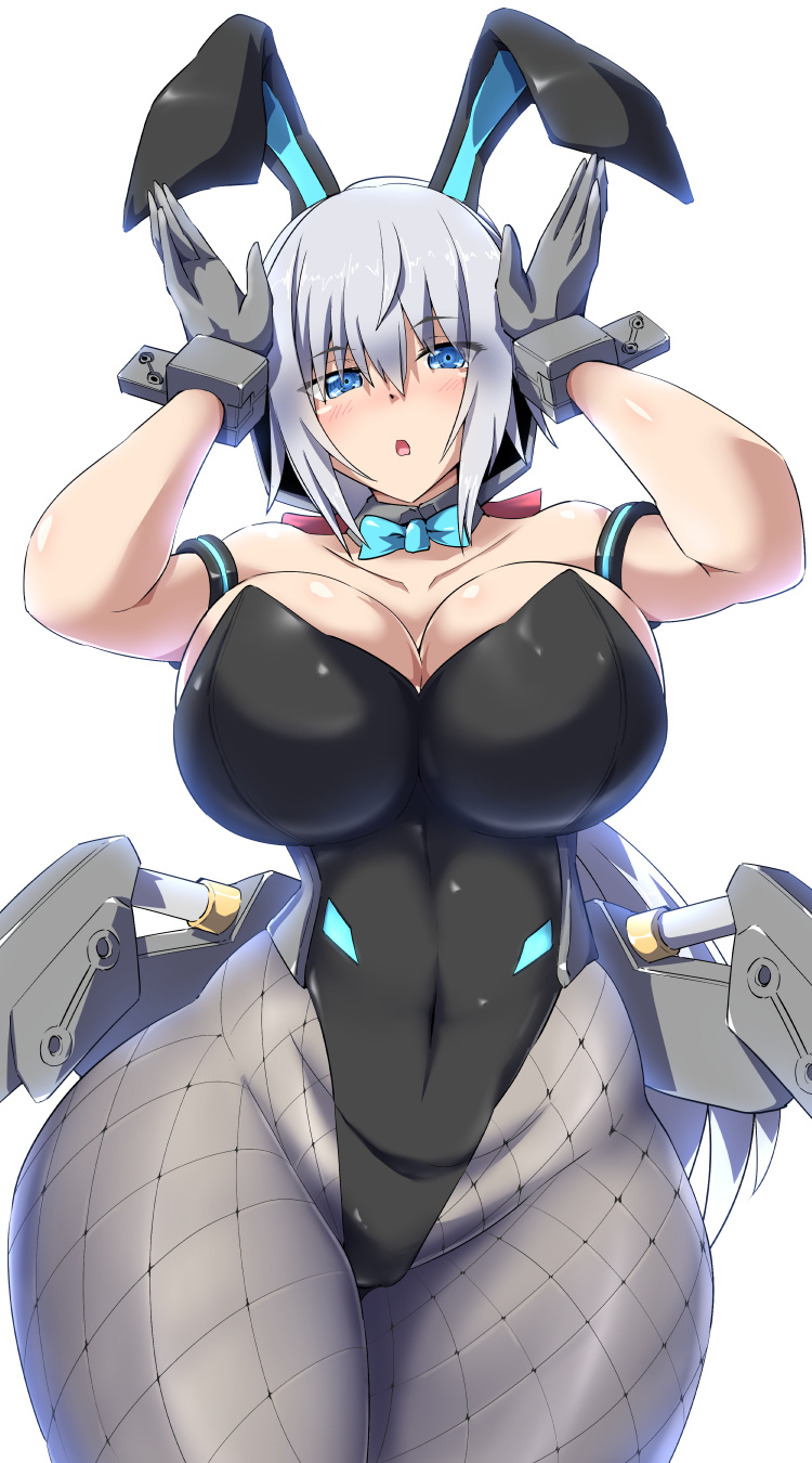 animal_ears architect_(frame_arms_girl) armpits arms_up black_leotard blue_eyes bow bowtie breasts bunny_pose covered_navel cowboy_shot delta_gear detached_collar fake_animal_ears female fishnet_legwear fishnets frame_arms_girl grey_hair highres large_breasts leotard looking_at_viewer pantyhose playboy_bunny rabbit_ears solo strapless strapless_leotard wrist_cuffs