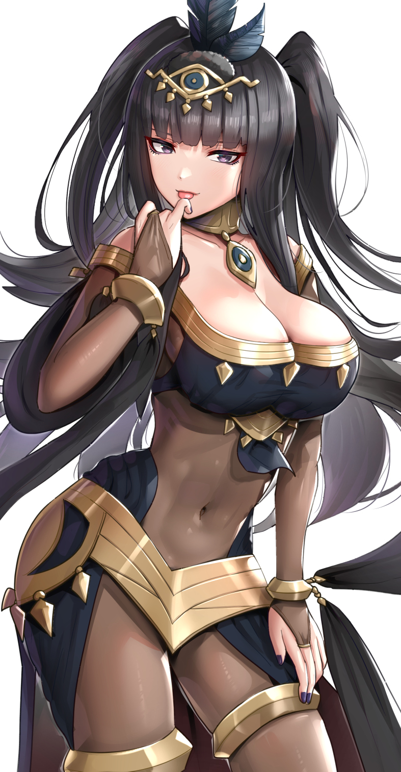 1girls alternate_costume bangs bare_shoulders black_hair blunt_bangs bodystocking bracer breasts bridal_gauntlets circlet cleavage covered_navel cowboy_shot feather_hair_ornament feathers female female_only fire_emblem fire_emblem_awakening fire_emblem_heroes gonzarez hair_ornament highres jewelry large_breasts licking licking_finger long_hair looking_at_viewer nail_polish neck_ring nintendo official_alternate_costume plegian purple_eyes purple_nails seductive seductive_smile solo tharja_(fire_emblem) tharja_(plegian)_(fire_emblem) thighlet tongue tongue_out two_side_up very_long_hair