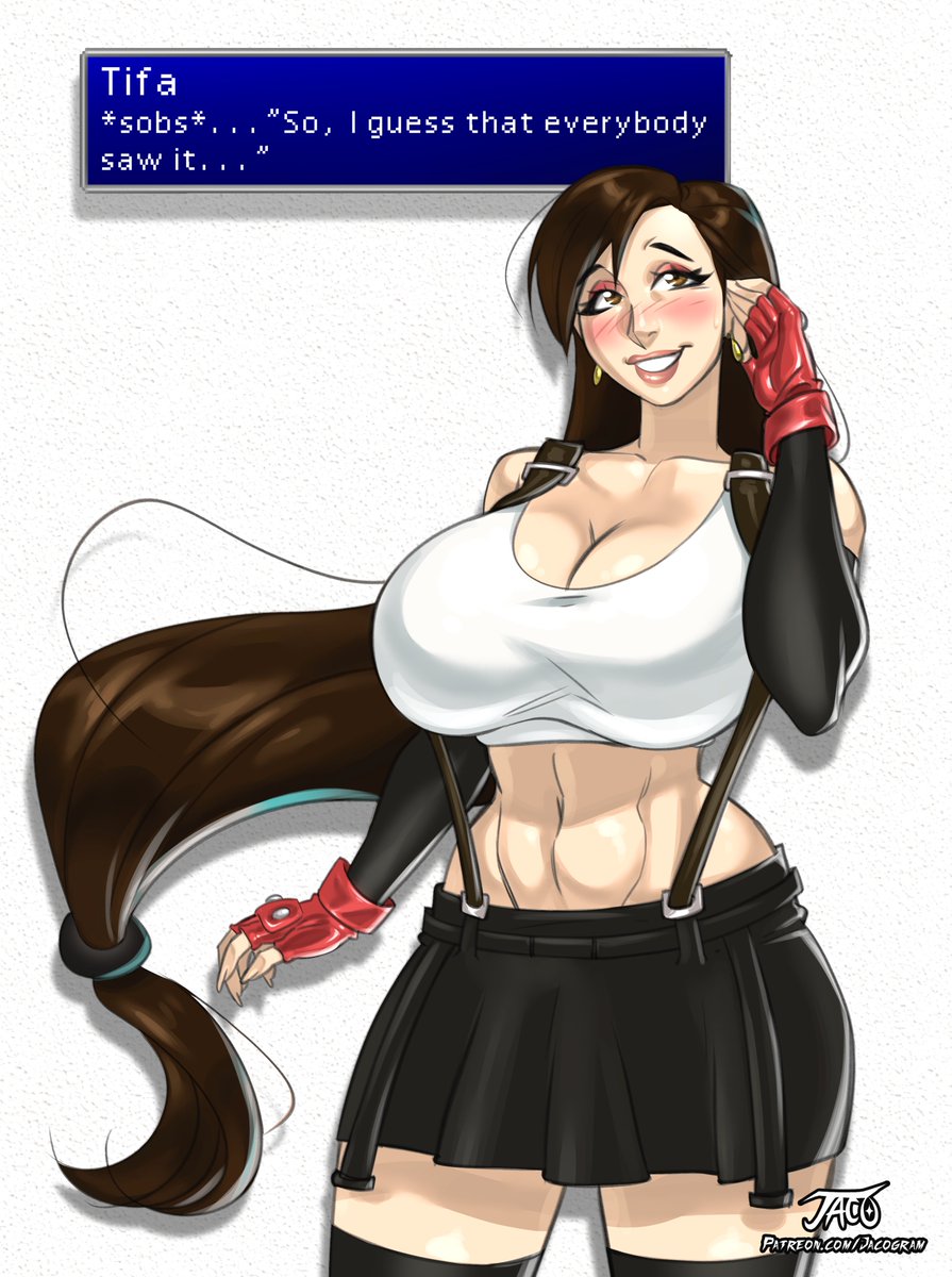 1girls bare_shoulders big_breasts blush breasts brown_hair busty cleavage clothed crop_top curvy dialogue_box earrings eyebrows eyelashes eyeshadow female female_only final_fantasy final_fantasy_vii final_fantasy_vii_remake hair hips human hyper hyper_breasts iacolare italian_senate_hack jacogram large_breasts lips long_hair meme navel nose red_eyes skirt smile solo suspenders tank_top text thick_lips thighhighs tifa_lockhart upper_body voluptuous wide_hips