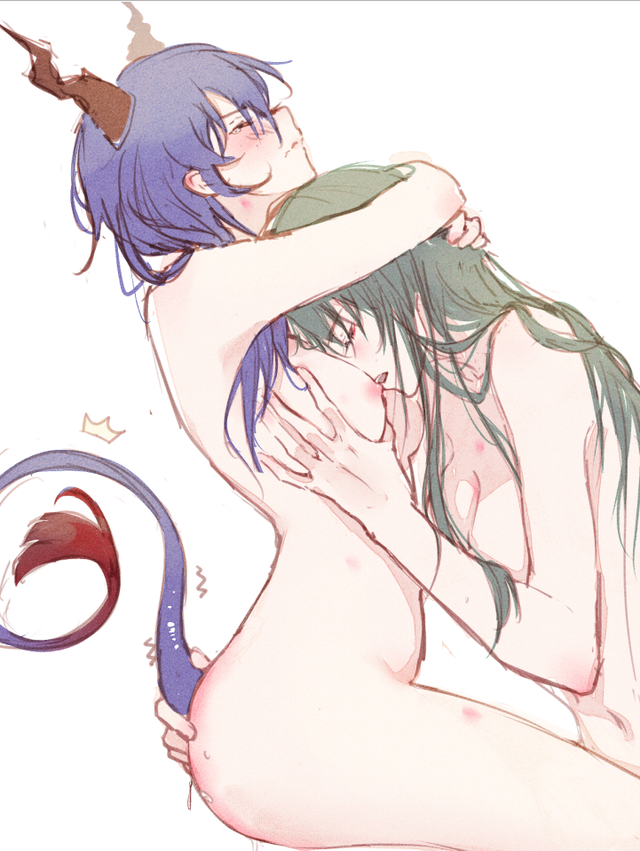 2girls arknights biting blue_hair blush breast_grab breasts ch'en_(arknights) cleavage closed_eyes closed_mouth clouble commentary_request dragon_girl dragon_horns dragon_tail eyebrows_visible_through_hair grabbing green_hair horns hoshiguma_(arknights) hug long_hair medium_breasts multiple_girls nipple_biting nipples nude pussy_juice tail tail_rubbing yuri