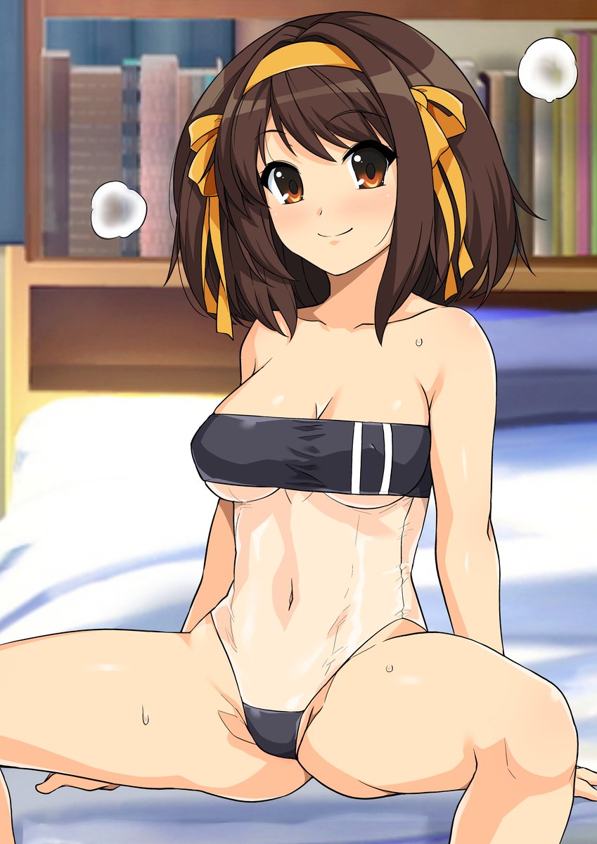 1girls, breasts, cleavage, covered nipples, female, gris swimsuit, haruhisky, see-through, sitting, small breasts, solo, spread legs, suzumiya haruhi, suzumiya haruhi no yuuutsu, sweat, swimsuit, tanline, underboob