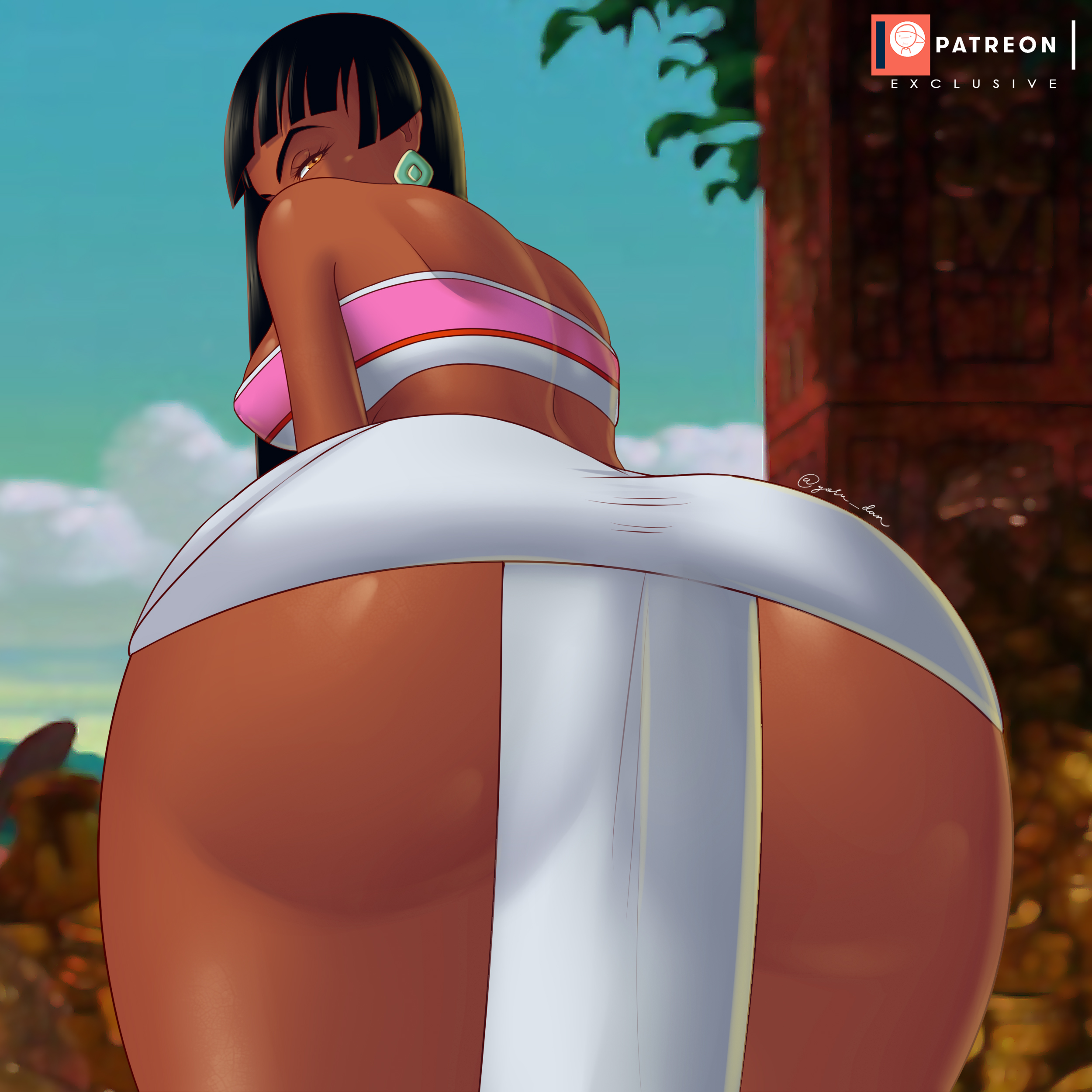 1girls, ass, ass focus, back view, bandeau, big ass, big butt, black hair, black-haired female, breasts, chel, dark skin, dark-skinned female, earrings, eye contact, female, huge ass, large ass, long hair, looking at viewer, looking back, solo, the road to el dorado, thick thighs, thighs, yoru dan