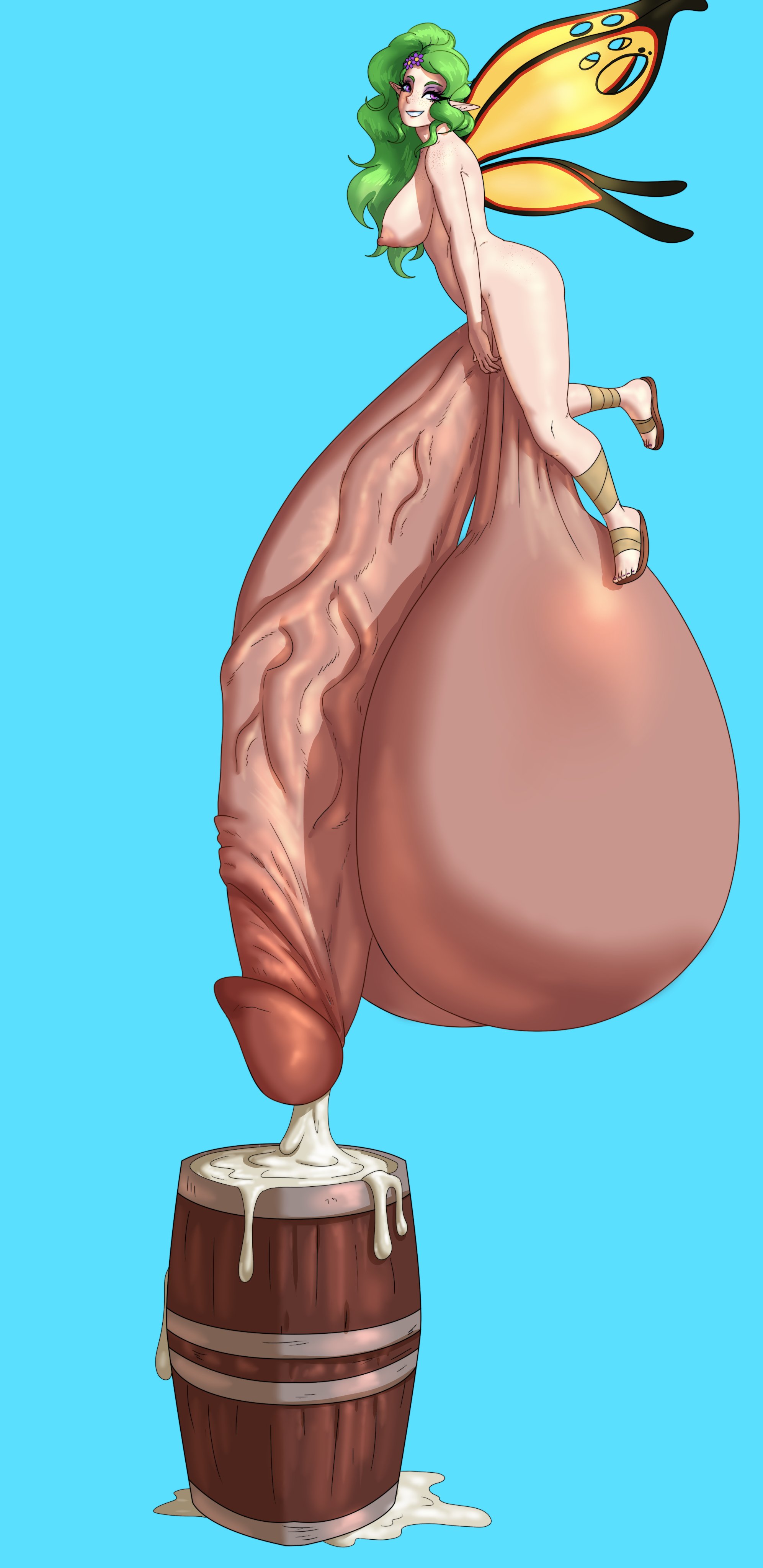 1futa, areolae, balls, barrel, barrel of cum, breasts, butterfly wings, cum, cum in container, dark penis, ejaculation, erection, excessive cum, fairy, fairy wings, flying, froeedo, futa only, futanari, gigantic balls, gigantic penis, gigantic testicles, green hair, huge balls, huge penis, huge testicles, humanoid, humanoid penis, hyper, hyper balls, hyper penis, intersex, large breasts, light skin, light-skinned futa, long ears, long hair, naked, nipples, nude, penis, penis bigger than body, pointy ears, side view, solo, testicles, thick penis, veiny penis