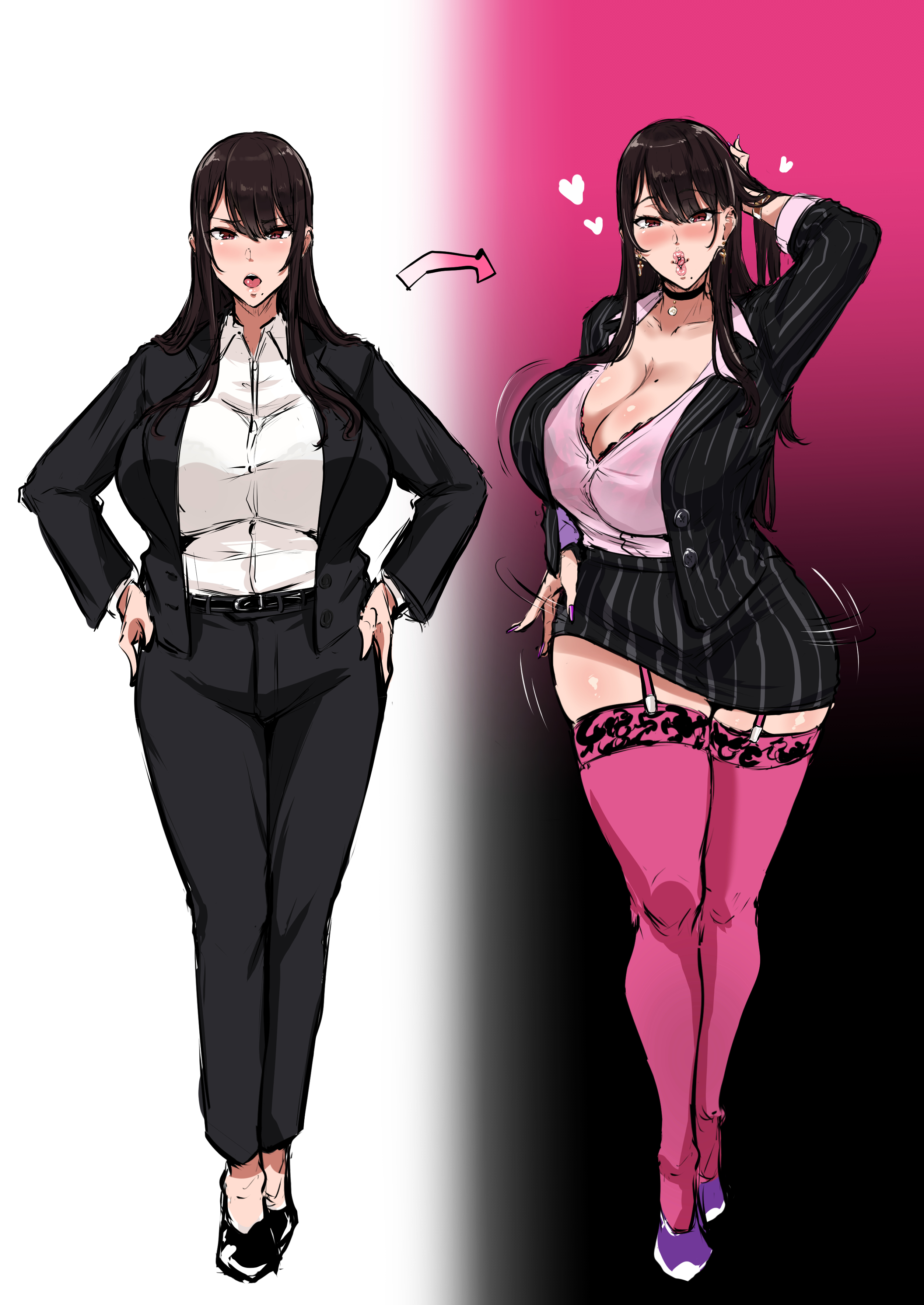 1girls, arm behind head, attitude adjustment, before and after, big breasts, bimbo, bimbofication, black bra, bracelet, breasts, choker, cleavage, clothed, dark brown hair, earrings, female, female only, full body, garter straps, heels, hips, large breasts, lips, long hair, looking at viewer, miniskirt, mole on breast, mole under mouth, nail polish, office lady, open mouth, pencil skirt, pink shirt, pink thighhighs, red eyes, skirt, solo, solo female, solo focus, stockings, suit, thick thighs, thighhighs, thighs, tongue, tongue out, white shirt, zerogura