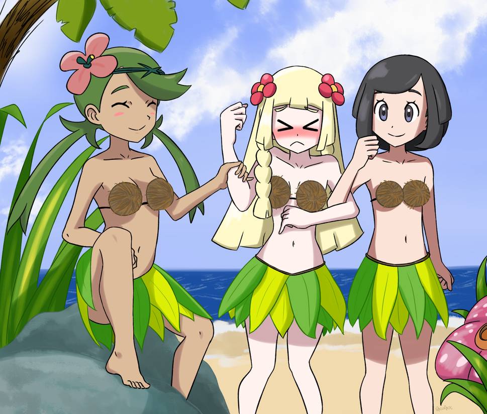 3girls barefoot beach bellossom_(cosplay) belly belly_button black_hair blonde_hair blue_sky blush closed_eyes coconut_bra cosplay embarrassed feet female female_only flower_in_hair green_eyes green_hair grey_eyes hula_dancer hula_girl hula_skirt human_only leaf_skirt light-skinned_female light_skin lillie_(pokemon) long_green_hair mallow_(pokemon) midriff navel nocunoct only_female outdoors outside pokemon pokemon_(cosplay) pokemon_sm safe_for_work selene_(pokemon) sfw short_black_hair short_hair standing tan_skin white_skin