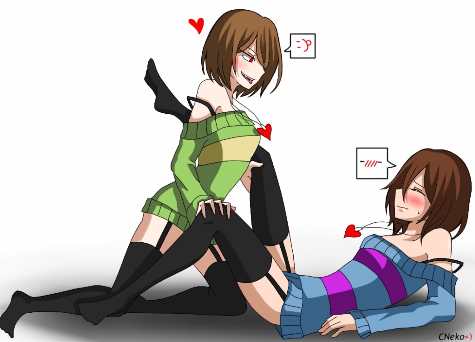 :), 2d, 2girls, black bra, black garter straps, black stockings, blue shirt, blush, bra strap, brown hair, chara, cneko-chan, embarrassed, eyebrows, female, female chara, female frisk, female only, frisk, garter straps, green shirt, heart, holding legs, horny, human, human female, human only, implied rape, lying on back, multiple girls, purple stripes, red eyes, shoulders, stockings, striped shirt, sweating, thighhighs, undertale, undertale (series), white background, yellow stripes, yuri