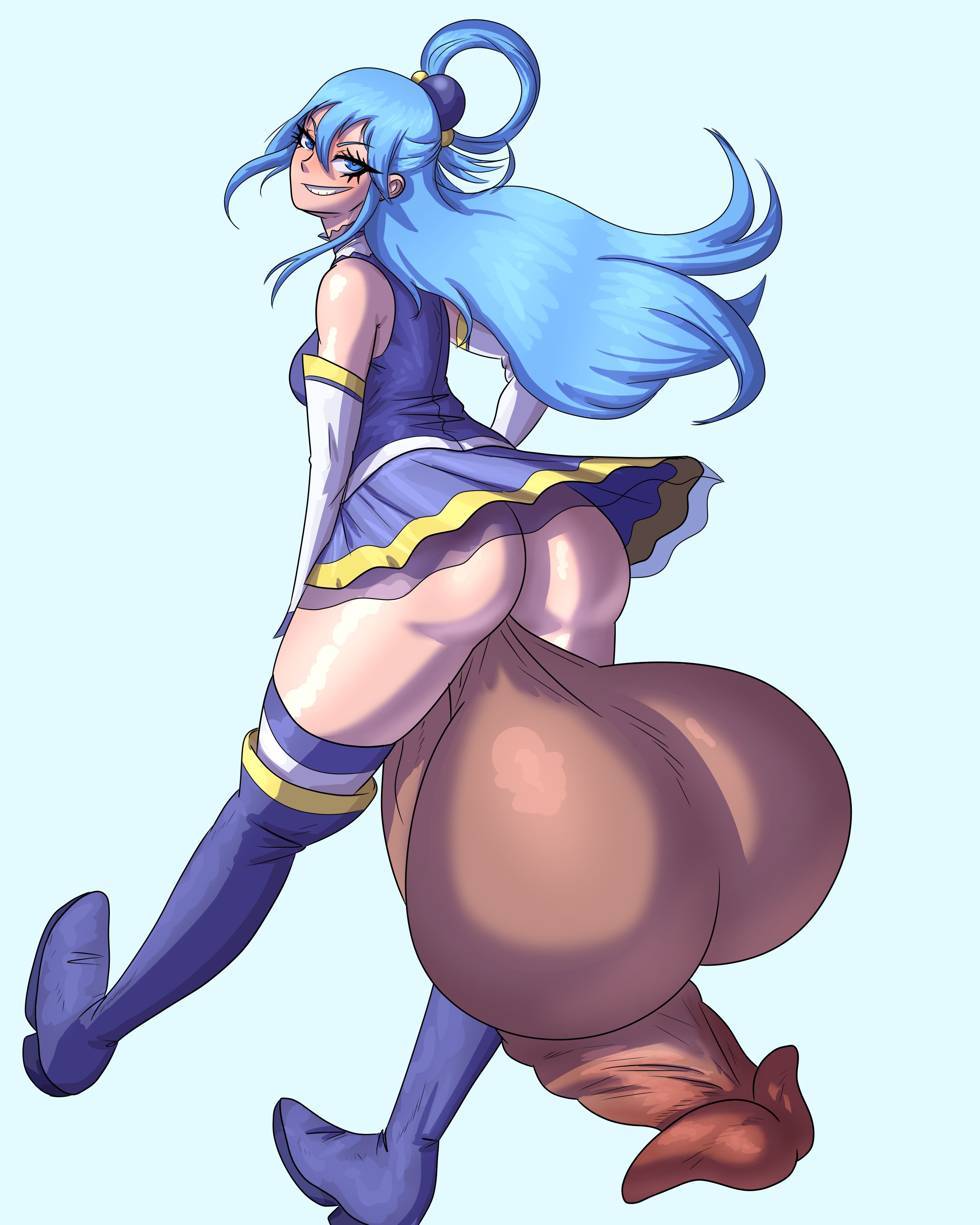 1futa, aqua (konosuba), back, back view, backsack, balls, ballsack, blue hair, breasts, clothed, clothing, dark penis, detached sleeves, elbow gloves, flaccid, froeedo, futa only, futanari, huge balls, huge penis, huge testicles, human, intersex, kono subarashii sekai ni shukufuku wo!, light skin, light-skinned futa, long hair, looking back, mostly clothed, pale skin, penis, smirk, solo, testicles, thighhighs