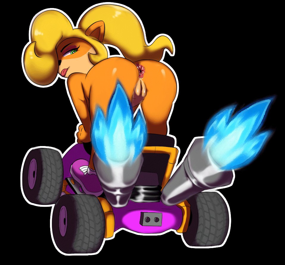 1girls anthro anus ass backfire big_ass blonde_hair coco_bandicoot crash_(series) exhaust fat_ass female female_only flames fur furry furry_only jumping kart looking_at_viewer looking_back naked nude pussy rear_view scrabble007 solo solo_female