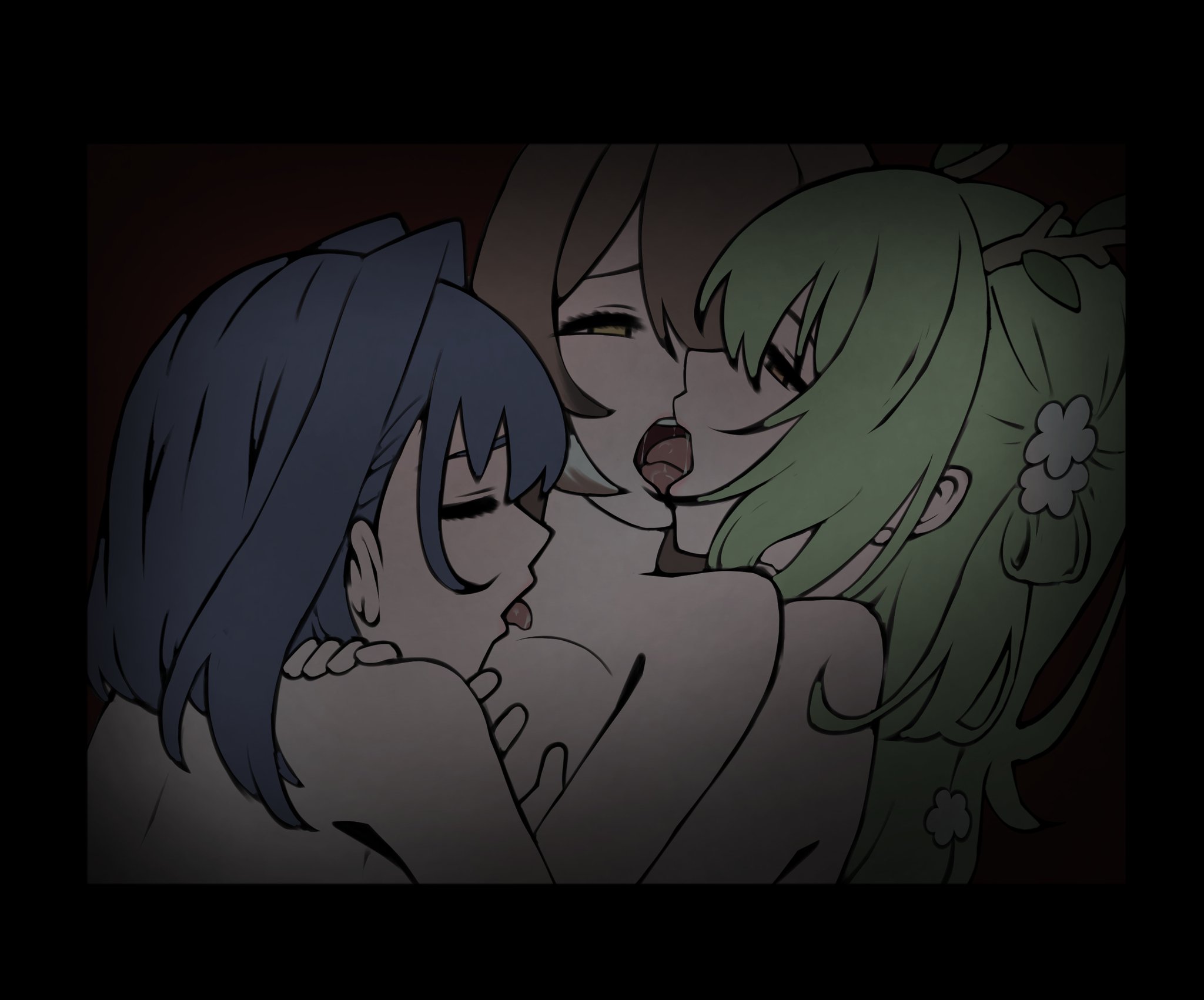 3girls, blue eyes, blue hair, braid, breasts, brown eyes, brown hair, ceres fauna, female, fff threesome, french kiss, green hair, group sex, hair ornament, highres, hikigaya 0926, hololive, hololive english, hololive english -council-, hololive english -promise-, kissing, licking, licking neck, long hair, multiple females, multiple girls, nanashi mumei, nude, ouro kronii, short hair, threesome, virtual youtuber, yuri
