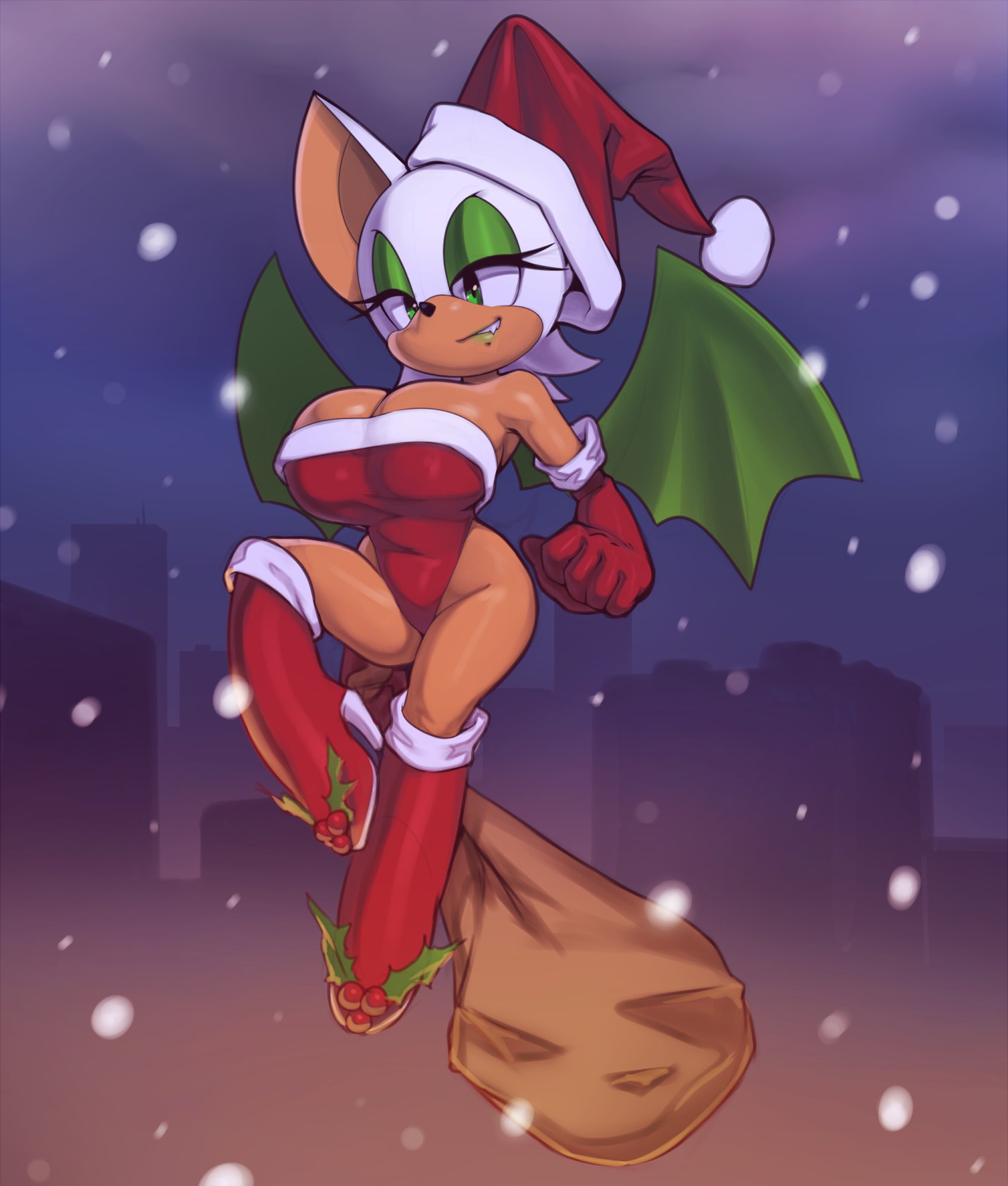 1girls, bat wings, big breasts, breasts, christmas, cleavage, female, flying, hi res, lingerie, plantpenetrator, rouge the bat, santa hat, solo, sonic (series)