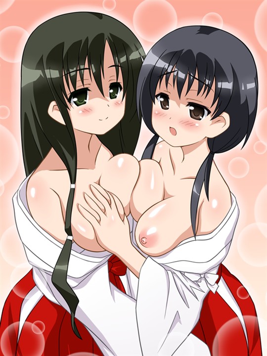 2girls black_hair blush breast-to-breast breast_grab breast_press breasts female grabbing groping hakama iwato_kasumi jindai_komaki long_hair medium_breasts miko multiple_girls nipples open_mouth saki smile strap_slip symmetrical_docking ubox wafuku yuri