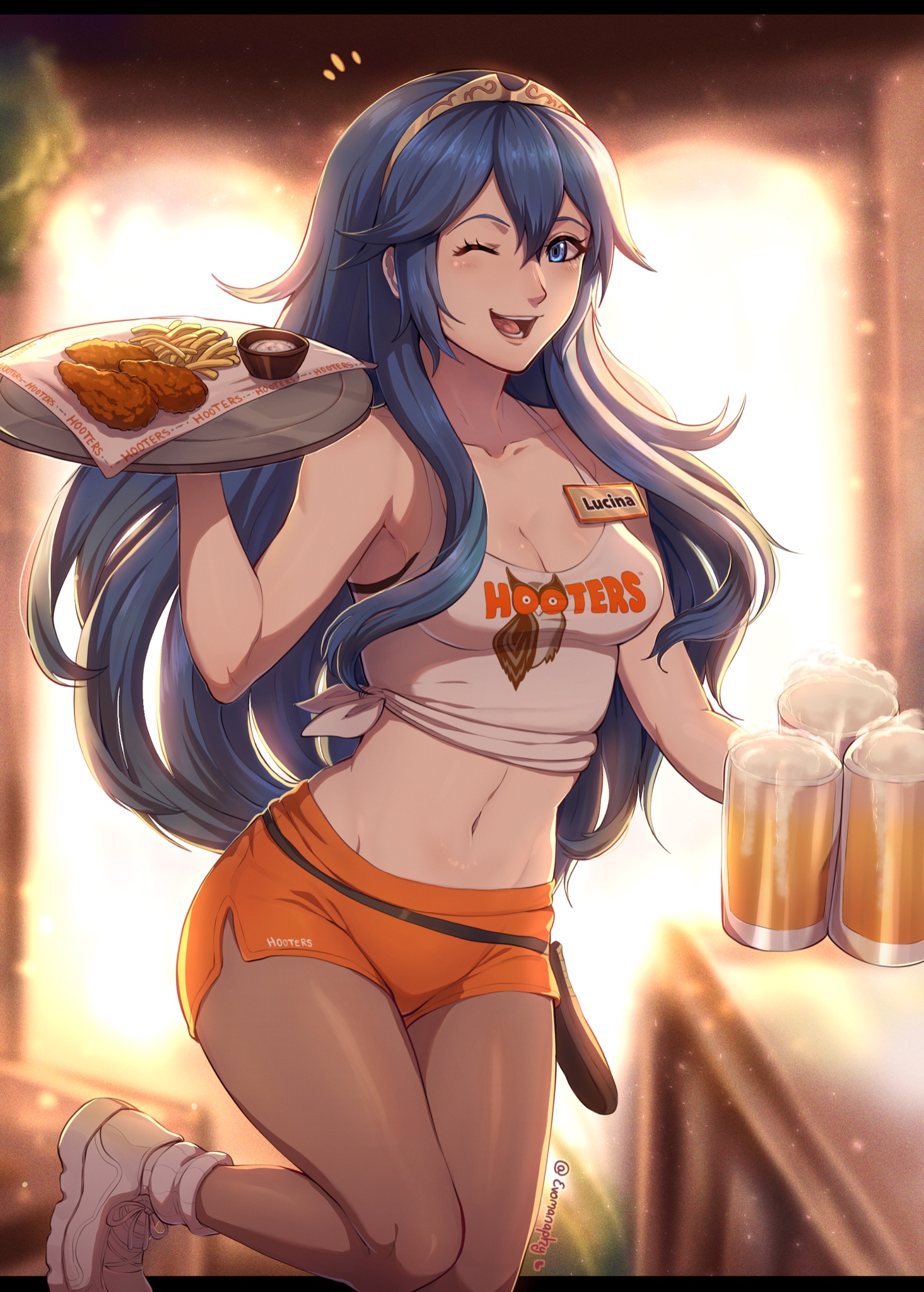 1girls, alternate costume, belly, blush, blushing, breasts, cleavage, evomanaphy, female, female focus, female only, fire emblem, fire emblem awakening, holding beer, holding food, hooters, hooters uniform, human, human focus, human only, light skin, light-skinned female, lucina (fire emblem), midriff, navel, nintendo, open mouth, open smile, shoes, small breasts, smile, smiling, sneakers, solo, solo female, solo focus, stomach, waitress, waitress uniform, wink, winking