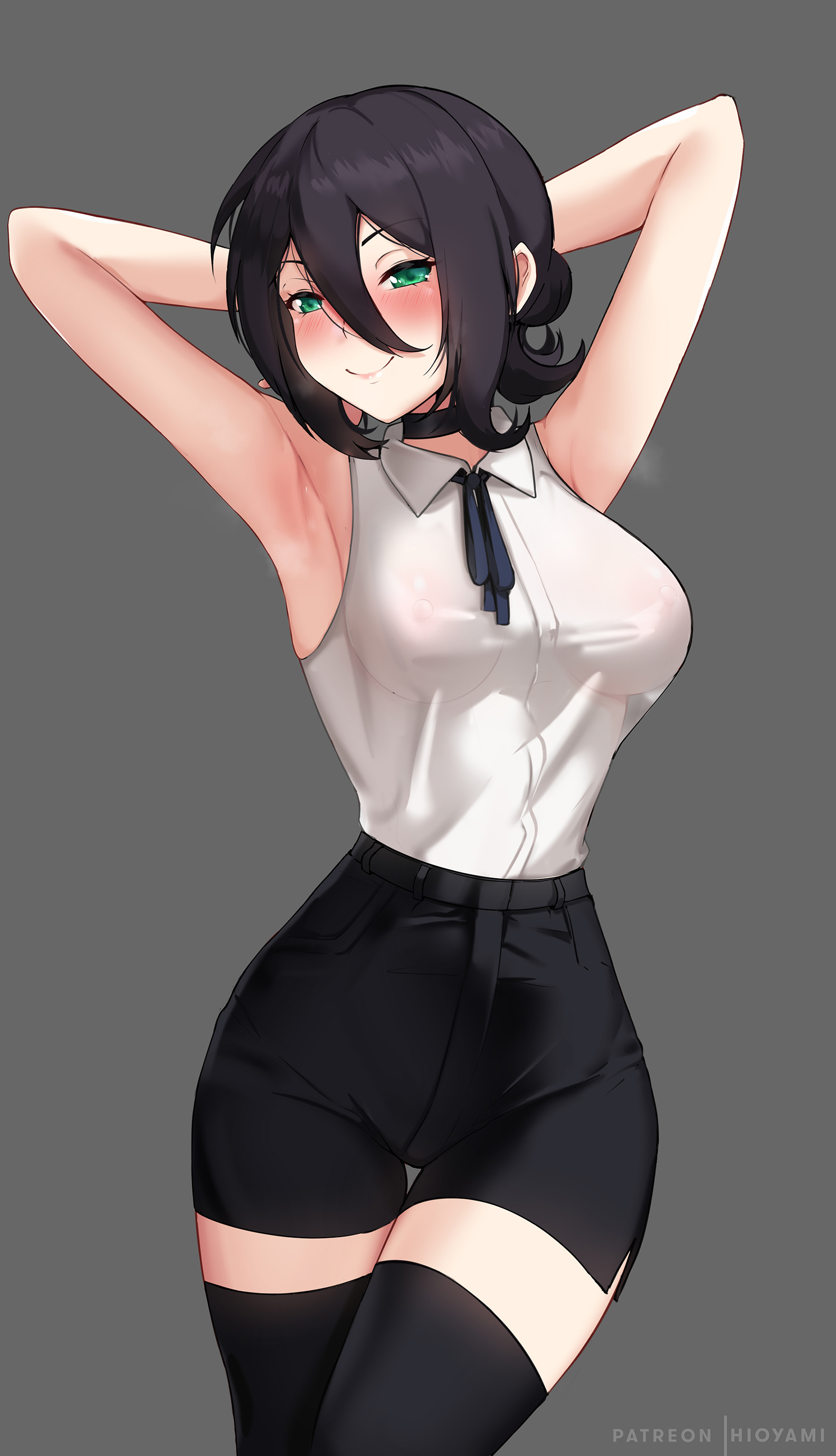 1girls, 2022, armpits, arms behind head, arms up, artist signature, black hair, blush, breasts, chainsaw man, clothed, clothed female, female, female only, green eyes, hioyami, hips, large breasts, looking at viewer, reze (chainsaw man), simple background, sleeveless, slim waist, smile, thick thighs, thigh gap, thighhighs, thighs, tied hair, wide hips, zettai ryouiki