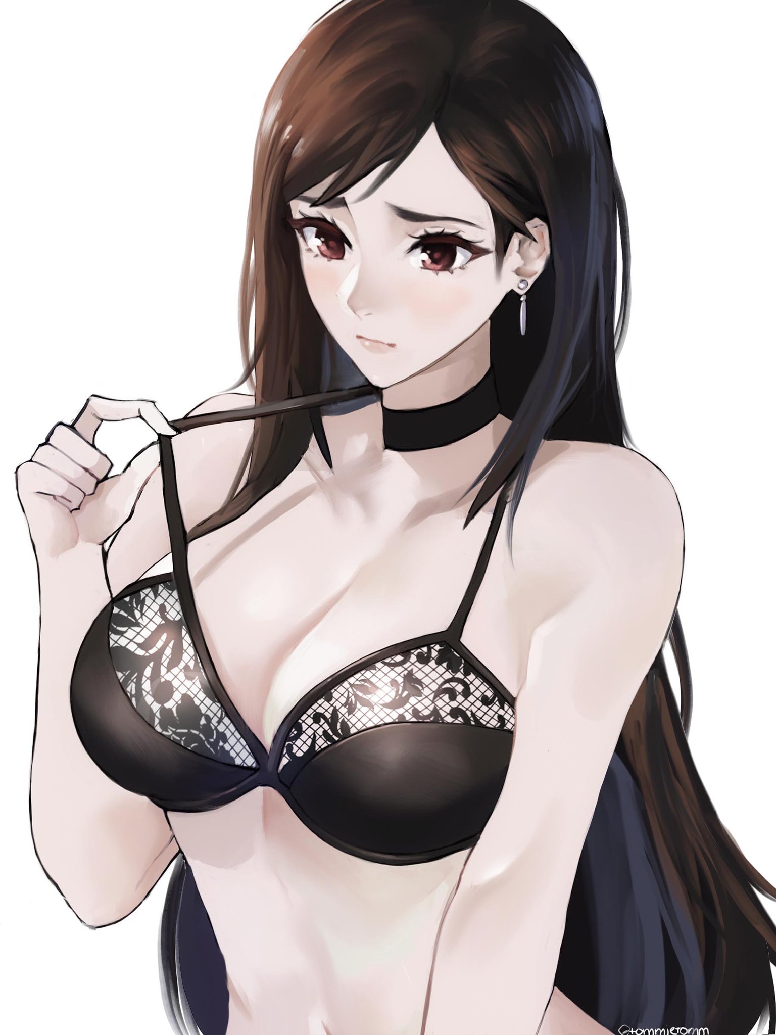 1girls, big breasts, black hair, bra, breasts, brown eyes, choker, cleavage, earrings, female, female only, final fantasy, final fantasy vii, lace-trimmed bra, long hair, pale skin, pulling bra, solo, tifa lockhart, tommy (kingdukeee), white background