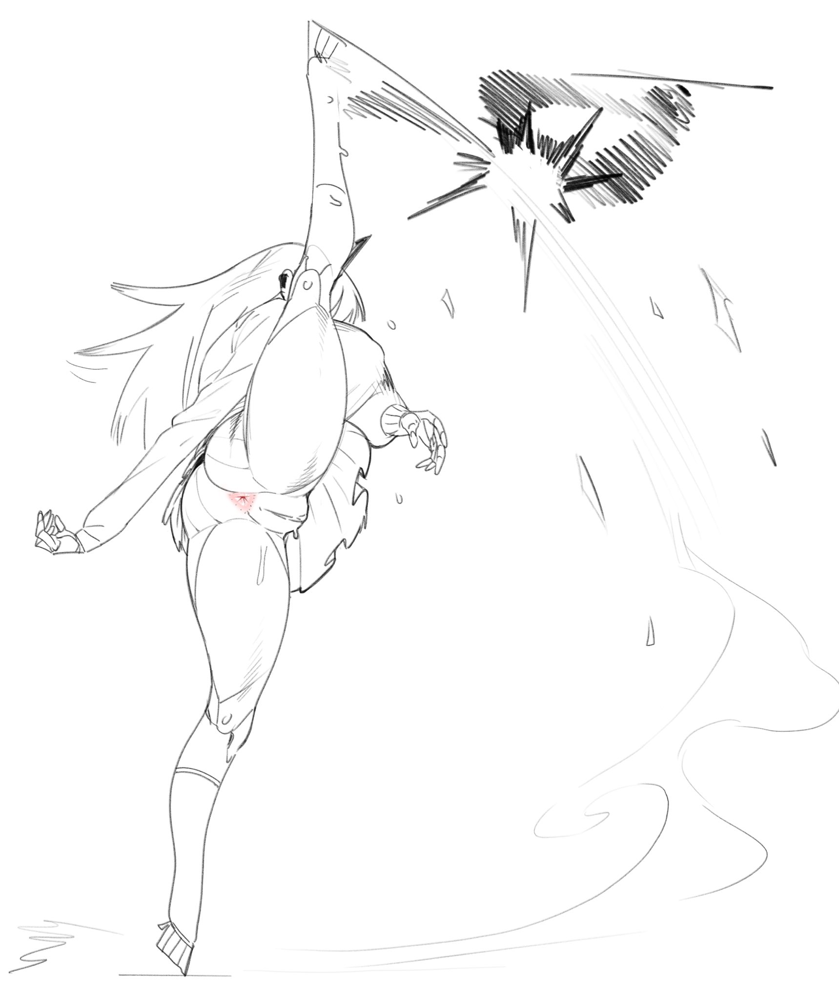 action pose, anus, ass, asshole, female, female only, horns, iria (minkye), kick, kicking, leg up, legs, long hair, minkye, oc, original, original character, pink anus, pussy, rear pussy, rear view, robot, robot girl, robot humanoid, robot joints, socks, sweater, vagina, wet pussy