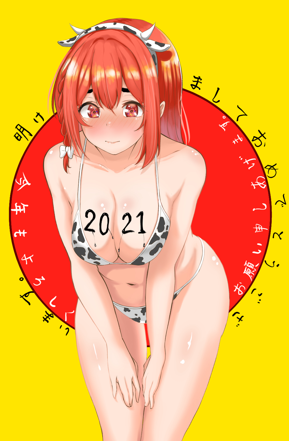 2021 animal_ears animal_print bangs bare_shoulders bikini blush braid breast_squeeze breasts chinese_zodiac cleavage closed_mouth collarbone cow_ears cow_horns cow_print eyebrows_behind_hair fake_animal_ears fake_horns female female hands_on_own_thighs highres horns ink kanojo_okarishimasu large_breasts leaning_forward looking_at_viewer medium_hair parted_bangs red_eyes red_hair ribbon sakurasawa_sumi shelgon20 shiny shiny_skin sidelocks single_braid solo swimsuit thighs white_bikini white_ribbon wide_hips year_of_the_ox yellow_background