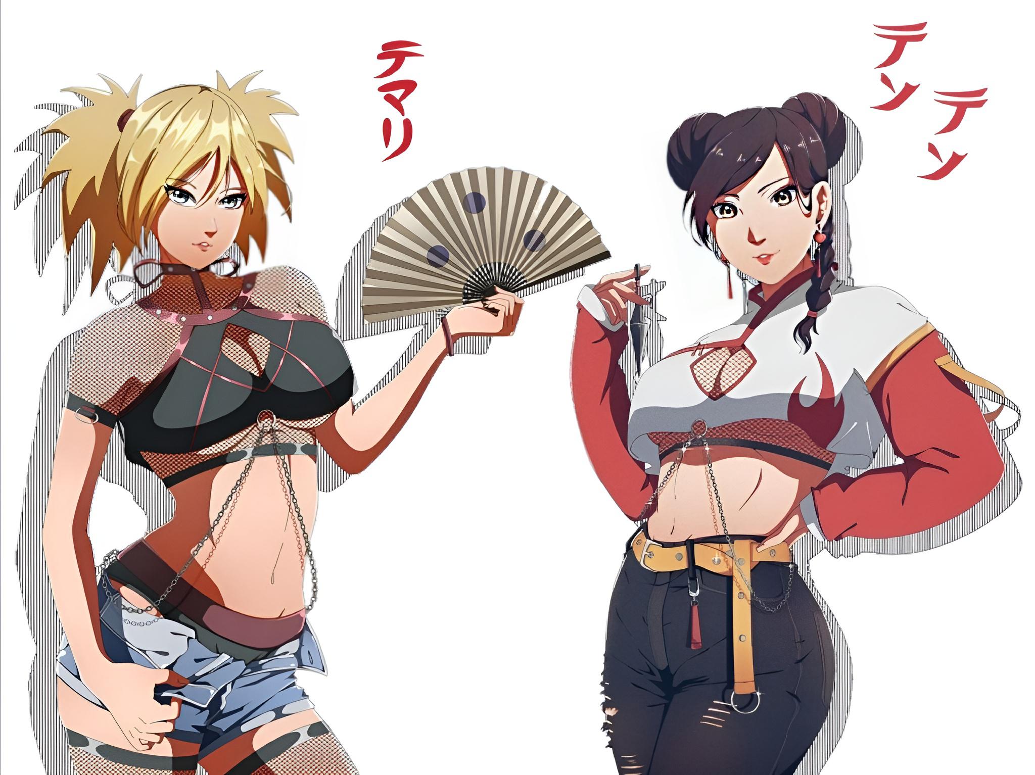 2022, 2girls, adapted costume, alternate costume, belly, belt, blonde hair, braid, braided ponytail, breasts, brown eyes, brown hair, center opening, character name, cleavage, clothed, clothed female, crop top, cropped jacket, curvaceous, curvy, curvy body, curvy figure, denim, denim shorts, double bun, earrings, fan, female, female only, fishnet legwear, fishnet stockings, fishnet topwear, fishnets, folding fan, green eyes, hair bun, holding object, holding weapon, japanese text, jeans, jewelry, kanji, kunai, kunoichi, light skin, light-skinned female, lipstick, looking at viewer, makeup, maxim draws, midriff, mostly clothed, multiple females, multiple girls, naruto, naruto (series), naruto shippuden, naruto: the last, ninja, no bra, panties, parted bangs, parted lips, ponytail, revealing clothes, ripped jeans, shadow, shiny, shiny hair, shiny skin, short shorts, side ponytail, silhouette, single braid, stockings, stomach, streetwear, take your pick, tease, teasing, temari, tenten, text, tied hair, translated, twintails, unbuttoned, unbuttoned shorts, underboob, undressing, weapon, wide hips