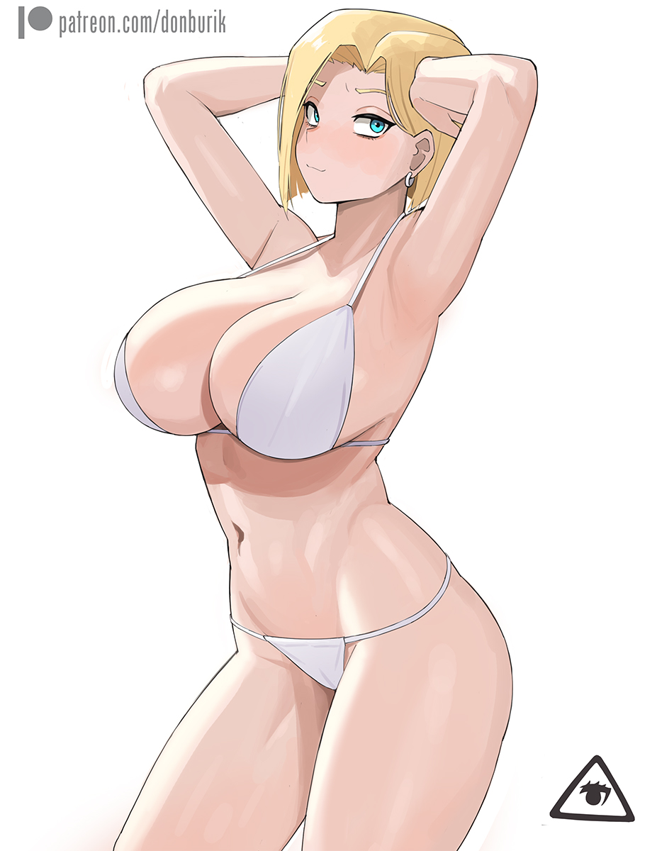 1girls, 2022, android 18, armpits, arms behind head, arms up, artist logo, belly button, bikini, blonde hair, blue eyes, breasts, cleavage, donburikazoku, dragon ball, dragon ball z, female, female only, hips, huge breasts, looking at viewer, short hair, slim waist, thick thighs, thighs, white bikini, wide hips