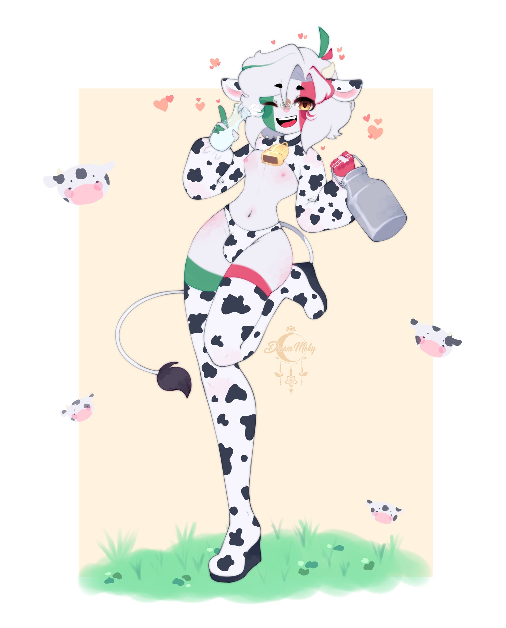 1boy, bulge, countryhumans, cow ears, cow tail, cowbell, dream moky, femboy, gay, male, mexico, mexico (countryhumans), milk, thighhighs