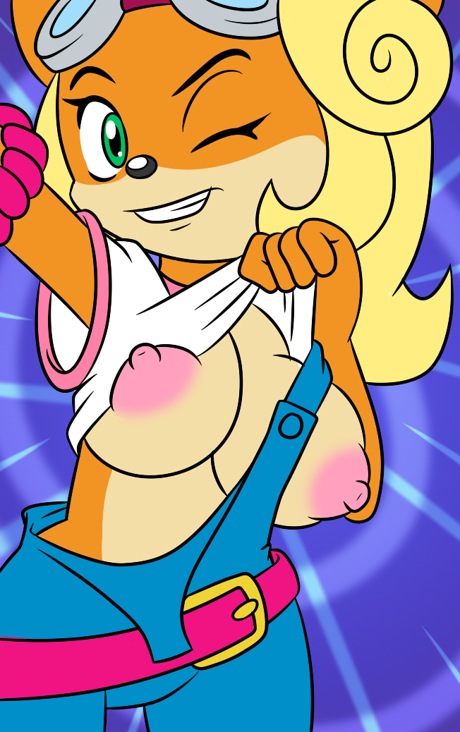 1girls bandicoot belt blonde_fur blonde_hair boobs breasts brown_fur brown_hair coco_bandicoot crash_(series) crash_bandicoot_(series) female female_focus female_only goggles goggles_on_forehead goggles_on_head orange_fur orange_hair overalls shirt sonicguru strap_slip