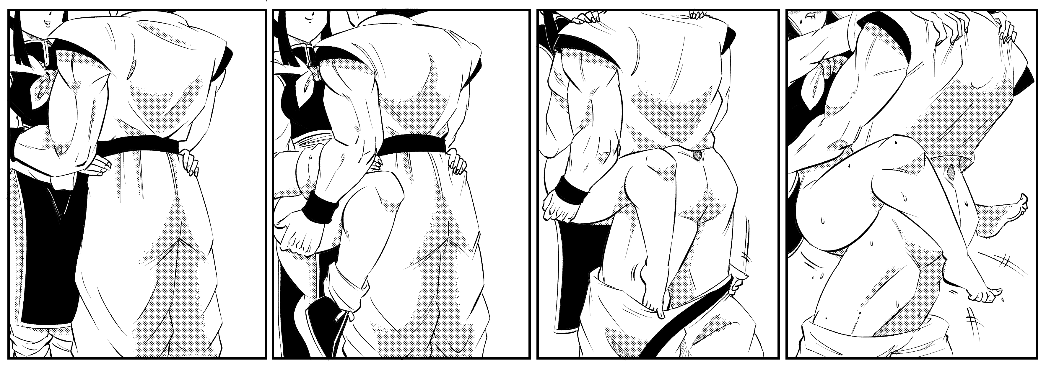 1boy, 1girls, against wall, ass, biting lip, blush, canon couple, chichi, comic, dragon ball, dragon ball z, female, funsexydragonball, husband and wife, male, shounen jump, son goku, standing sex, sweat