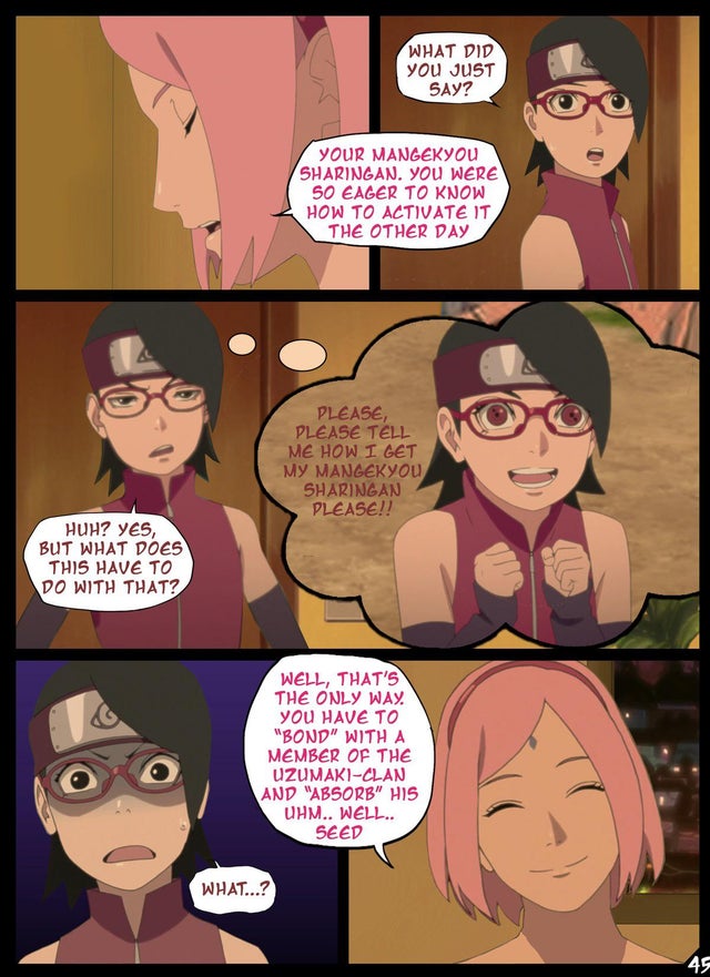 2girls boruto:_naruto_next_generations breasts comic english_text female female_only human humiliation multiple_girls naruto naruto_(series) nyxworks page_45 sakura_haruno sarada_uchiha speech_bubble story text virgin younger_male