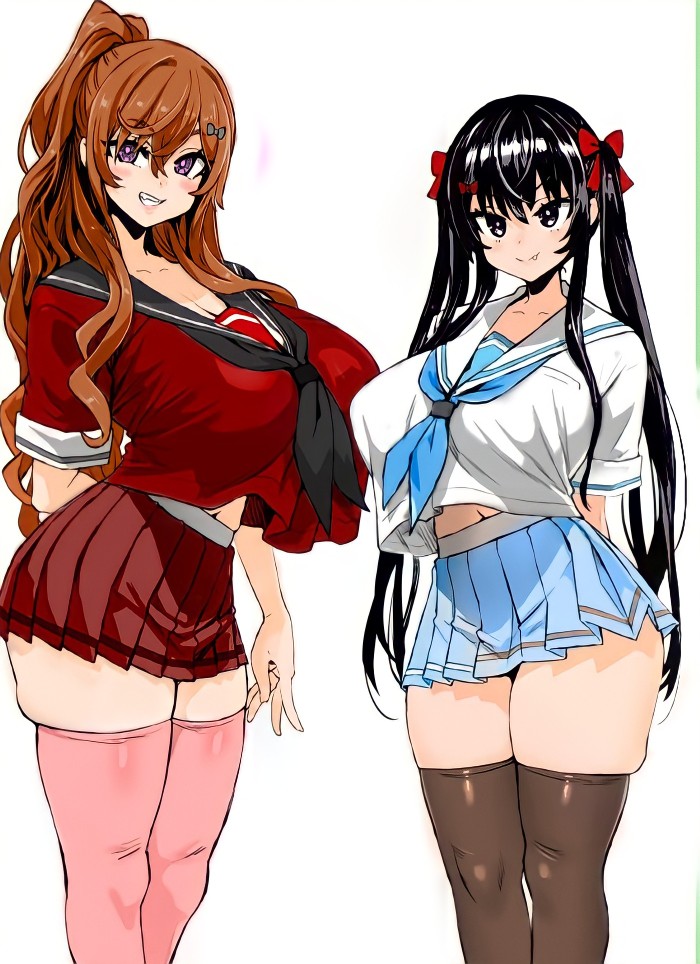 2girls, asanagi, big breasts, black hair, breasts, brown hair, cleavage, colored, female, female only, hair ornament, hair ribbon, huge breasts, large breasts, long hair, miniskirt, multiple females, multiple girls, original, ponytail, purple eyes, school uniform, simple background, skirt, smile, thick thighs, thighhighs, tied hair, twintails, white background