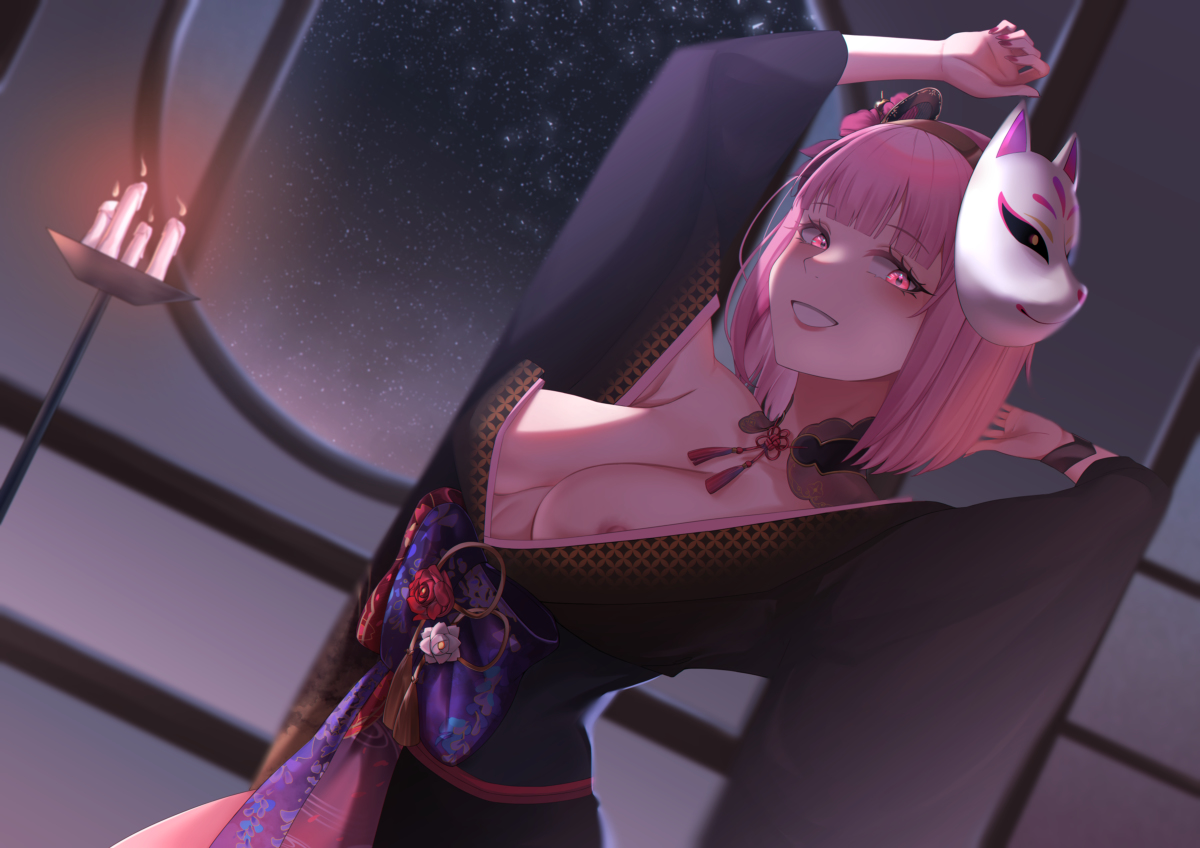 breasts, candle, female, hololive, hololive english, hololive myth, kimono, looking at viewer, mask, mori calliope, mori calliope (new year), night, nipple slip, pink hair, short hair, stretching, virtual youtuber