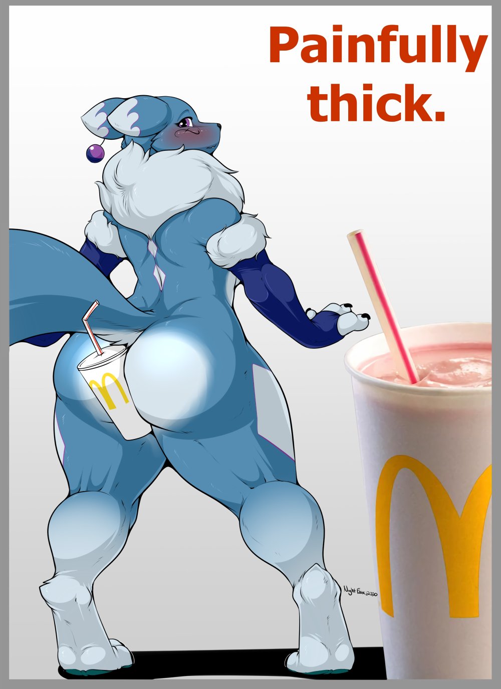 anthro armwear ass bandai_namco beverage big_butt blue_body blush clothing digimon digimon_(species) elbow_gloves english_text female gloves haley_(nightfaux) handwear hi_res looking_back mcdonald's nightfaux renamon solo text