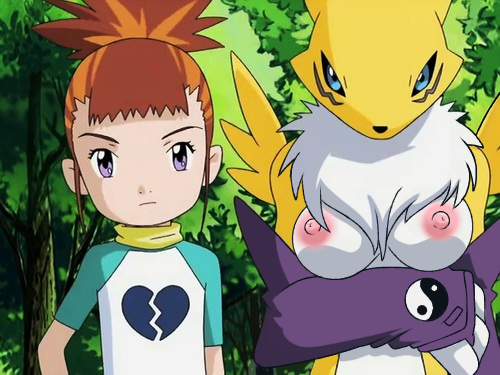 2girls big_breasts blue_eyes breast_hold clothed dark_whisper digimon edited_screencap female human multicolored_body multiple_girls pink_nipples renamon rika_nonaka teenager yellow_fur