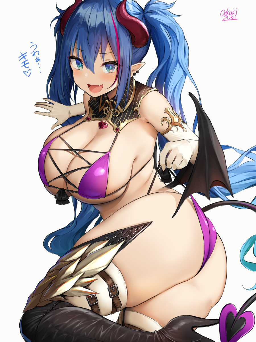 1girls, 2020, artist signature, ass, bikini, bikini bottom pull, blue eyes, blue hair, blush, breasts, cleavage, cute fang, demon, demon girl, demon horns, demon wings, detached collar, female, female only, horns, huge ass, huge breasts, long gloves, long hair, looking at viewer, lying on side, oekakizuki, open mouth, original, original character, plump, pointy ears, purple bikini, skindentation, smile, succubus, tail, thick thighs, thighs, twintails, wings