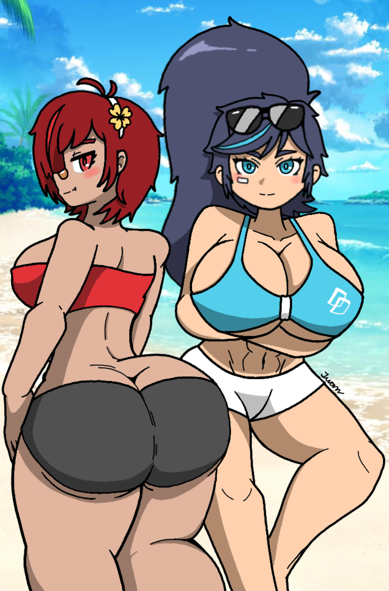 2girls abs alternate_version_available ass beach big_ass big_breasts bikini blue_hair cousins dark-skinned_female flower_in_hair huge_ass huge_breasts jun_hyun_soo_(writers_crusaders) kim_han_yi_(writers_crusaders) multiple_girls red_hair sunglasses_on_head swimsuit thick_thighs wcjuan writers_crusaders