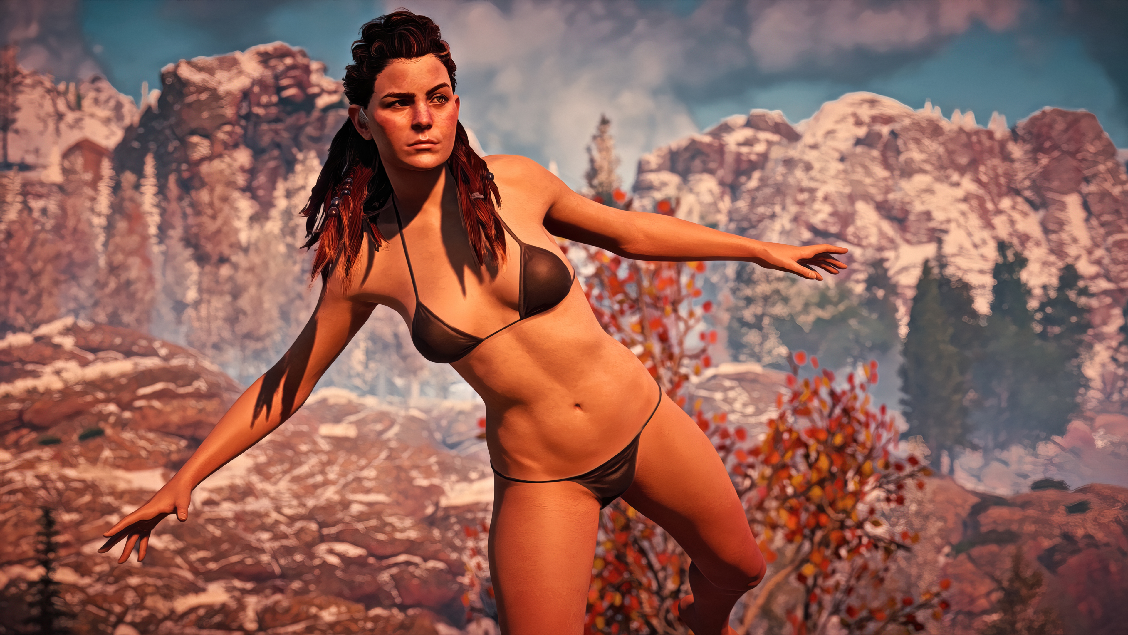 1girls, 3d, 3d (artwork), 4k, abs, aloy, athletic, athletic female, bare arms, bare legs, bare midriff, bare shoulders, bare thighs, barefoot, belly, belly button, bikini, bikini bottom, bikini top, braided hair, breasts, female, female focus, female only, fit, fit female, horizon zero dawn, jimpony, long hair, midriff, outdoors, outside, red hair, small breasts, solo, solo female, solo focus, sony interactive entertainment, toned, toned female