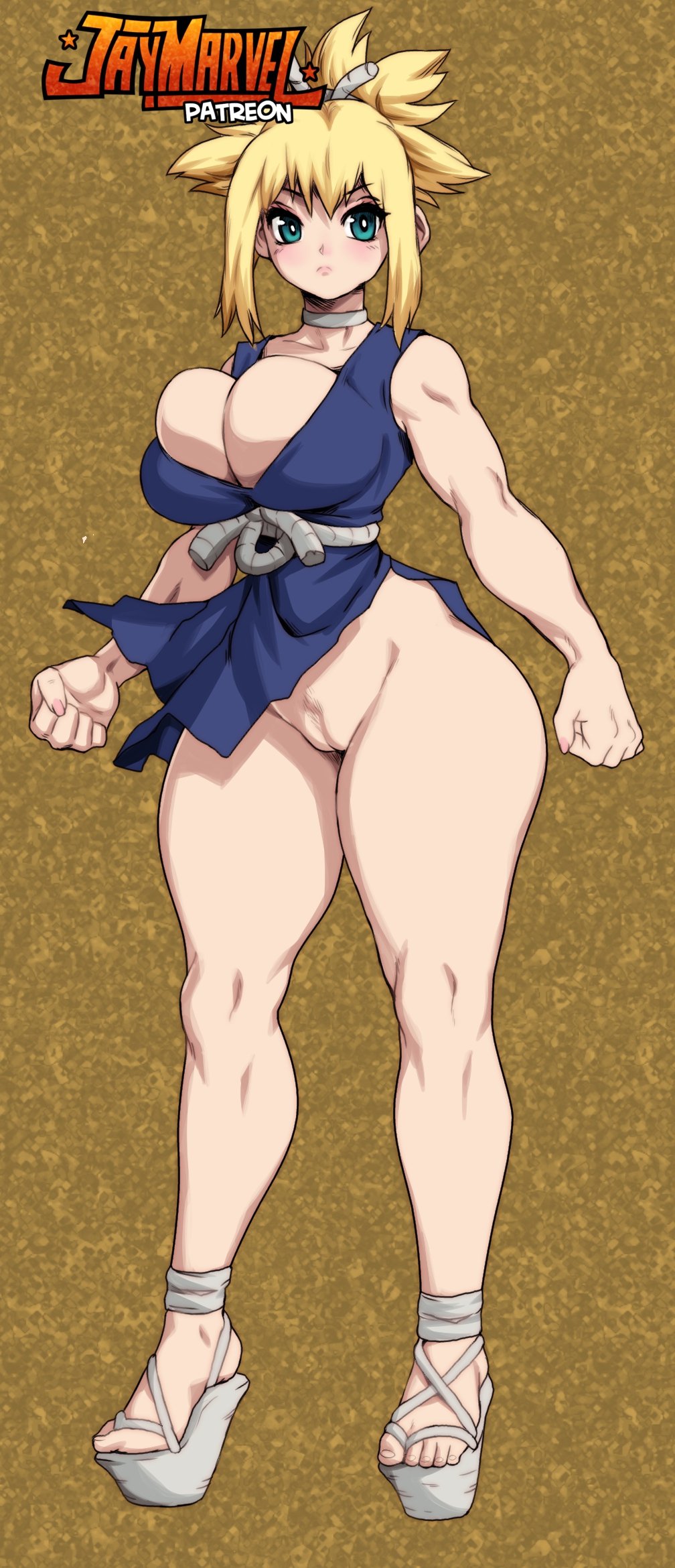 1girls aqua_eyes artist_name artist_signature bangs bare_arms bare_shoulders big_breasts blank_background blonde_hair blue_dress blue_eyes blush breasts brown_background busty choker cleavage cleft_of_venus collarbone dr.stone dress eyebrows_behind_hair face facing_to_the_side feet female female_only fingernails full_body hair_between_eyes hairless hairless_pussy hi_res high_heels high_resolution highres huge_breasts huge_hips innie_pussy jay-marvel kohaku_(dr.stone) looking_to_the_side muscular muscular_arms muscular_female muscular_legs no_bra no_panties no_pubic_hair only_female parted_lips patreon pelvic_curtain pink_nails plain_background ponytail pussy rope rope_around_waist rope_belt shaved_crotch shaved_pussy shaven short_hair side_slit sidelocks simple_background sleeveless solo standing stone_age thick_thighs thighs tied_hair toned toned_female top_heavy uncensored vagina voluptuous wedge_(footwear) wedge_heel wedge_heels white_chest white_footwear white_high_heels white_rope wide_hips
