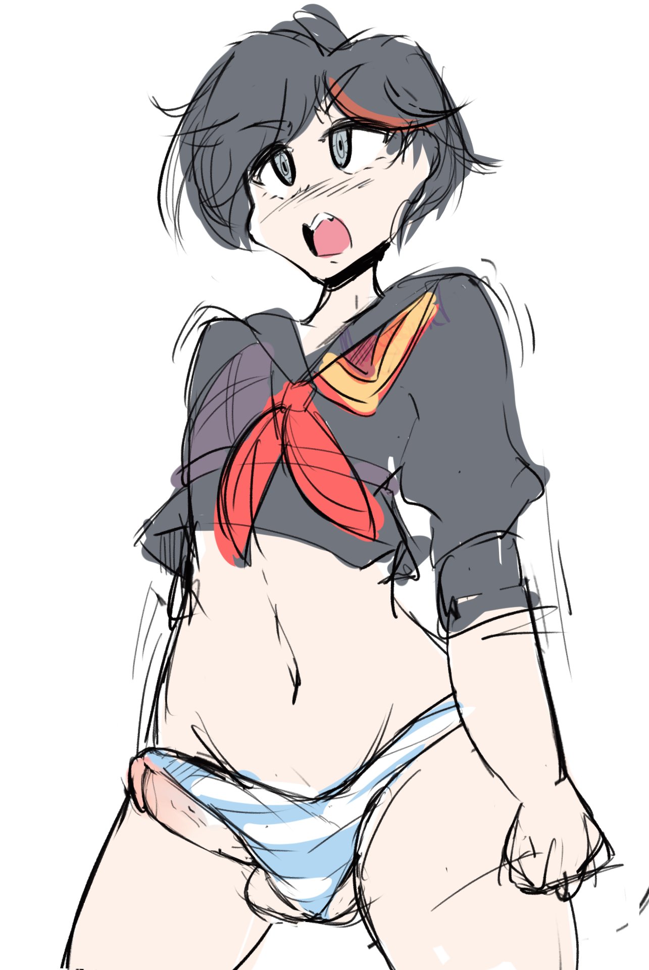 1boy, balls, clothing, erection, eyebrows visible through hair, femboy, genderswap, genderswap (ftm), human, kill la kill, male, male only, male ryuuko, marysquid, matoi ryuuko, open mouth, penis, rule 63, solo, testicles, topwear, uncensored, underwear