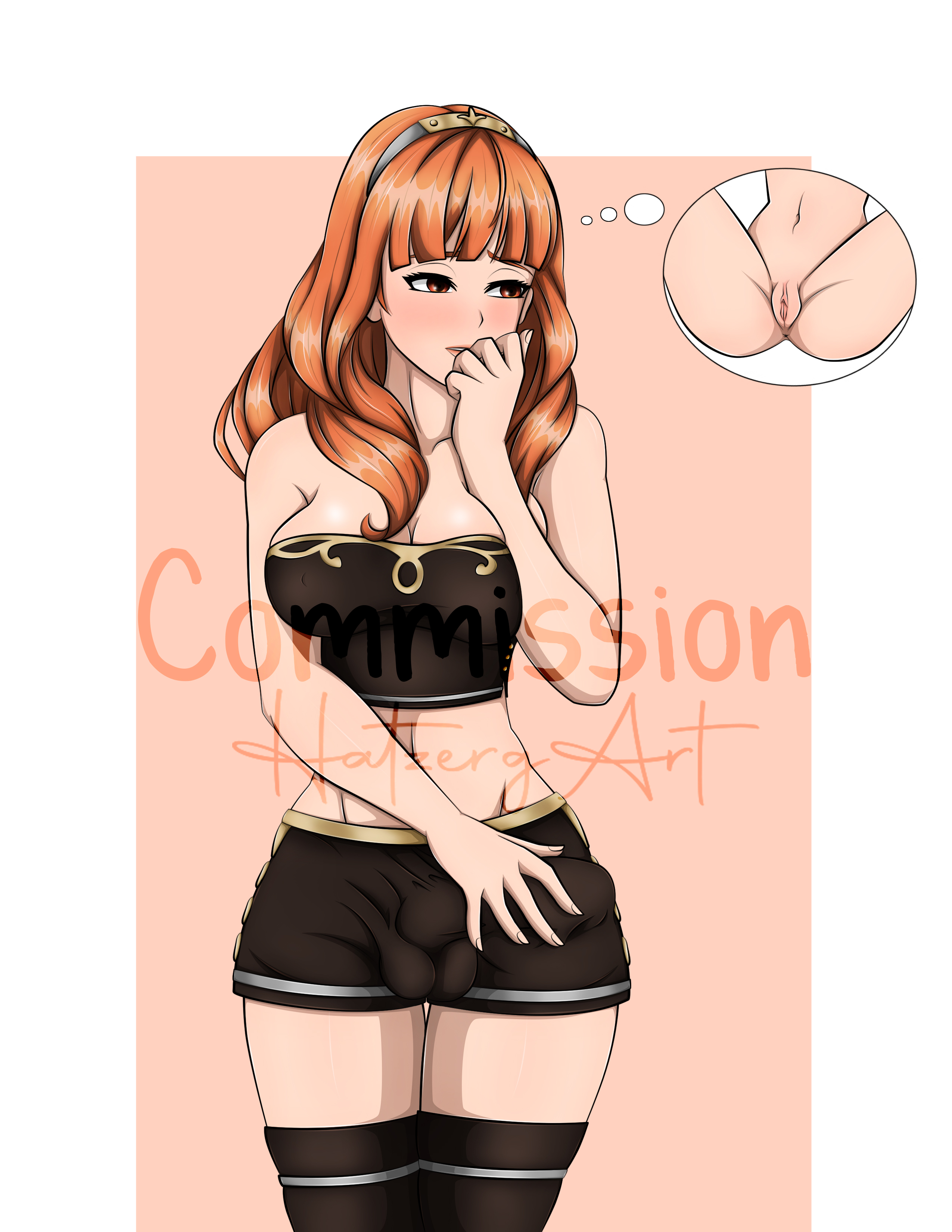 1futa, 1girls, aroused, bangs, bare thighs, big breasts, blush, booty shorts, breasts, bulge, cameltail, celica (fire emblem), cleavage, clothed, clothing, curvy, daydream, duo, erection, erection under clothes, fantasizing, female, fire emblem, fire emblem echoes: shadows of valentia, fire emblem warriors, fully clothed, futa on female, futanari, hand on own penis, hand on penis, hatzerg, horny, hotpants, human, intersex, light skin, light-skinned futa, light-skinned male, male, medium breasts, medium hair, orange eyes, orange hair, pale skin, penis, princess, pussy, short shorts, shorts, spread legs, thighhighs, thighs, underwear