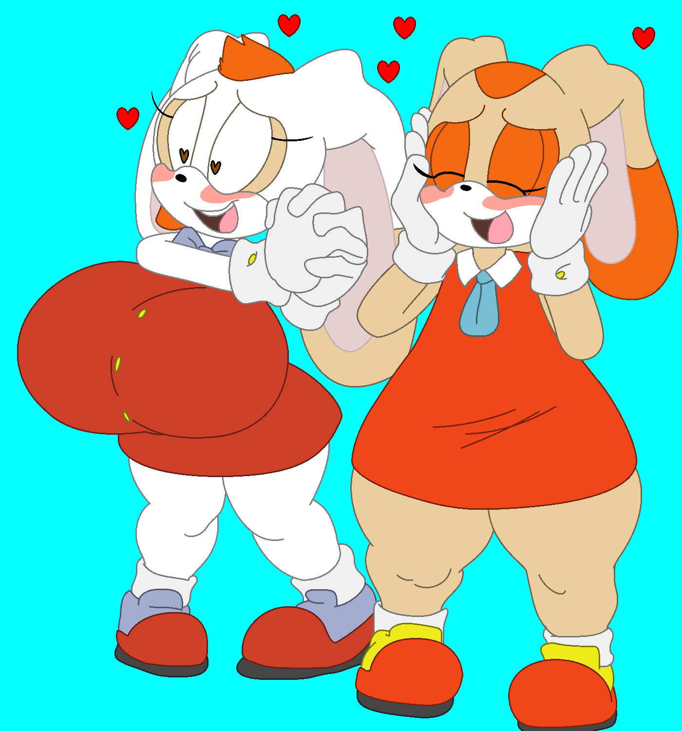 2girls ass_bigger_than_breasts ass_vs_breasts bestthe blush bottom_heavy breast breasts_bigger_than_ass brown_eyes bunny closed_eyes cream_the_rabbit denizen1414 dress female female_focus female_only hands_on_face heart heart-shaped_pupils hips lagomorph lagomorph_humanoid large_breasts original_character rabbit red_hair sega simple_background sonic_(series) sonic_the_hedgehog_(series) sugar_the_rabbit tan_fur thick_thighs thighs top_heavy white_fur wide_hips