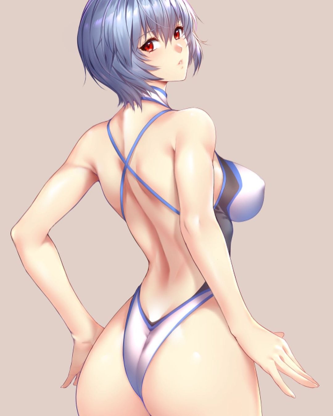 1girls, ass, breasts, bubble ass, bubble butt, female, female only, leotard, looking back, medium breasts, neon genesis evangelion, one-piece swimsuit, red eyes, rei ayanami, sideboob, solo, swimsuit, white hair, zucchini