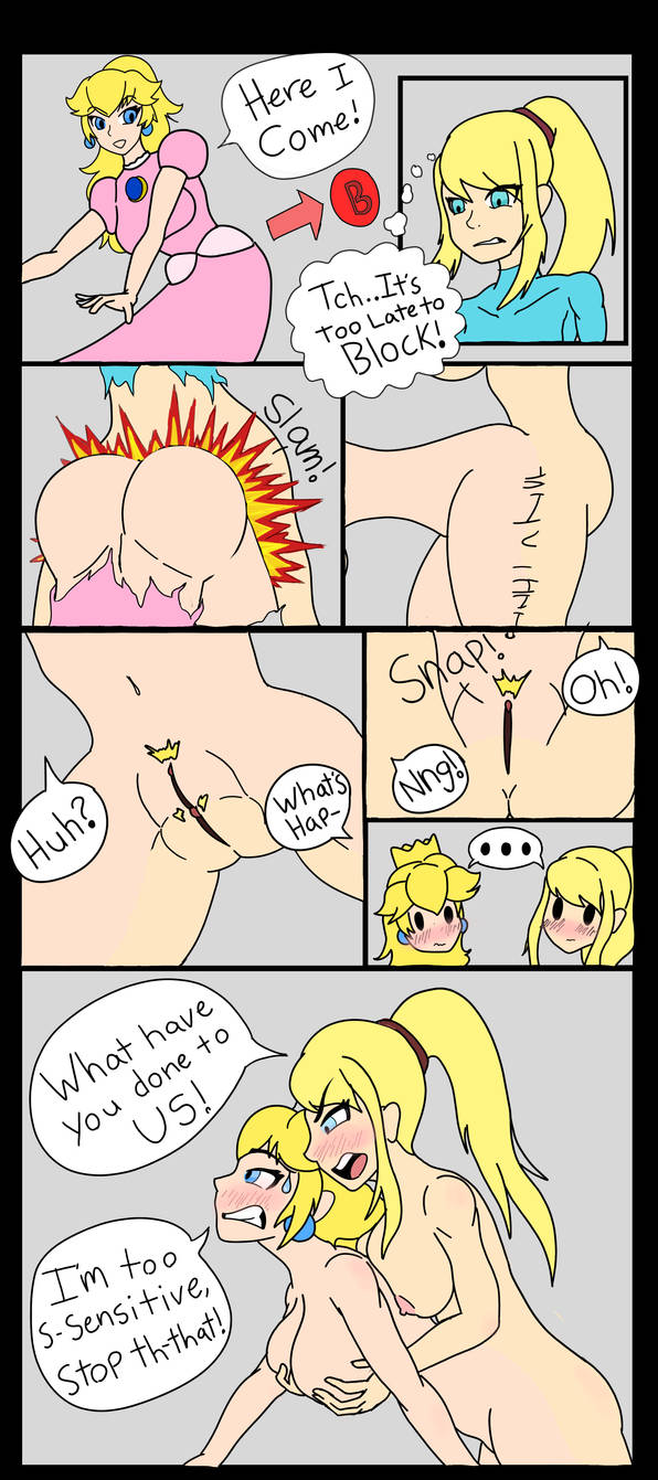 2girls accident accidental_circumstance accidental_fusion areolae assimilation blonde_hair blue_eyes blush breast_grab breasts comic conjoined dialogue duo fusion gameplay_mechanics greasetrap mario_(series) merged merged_together merging metroid multi_arm multi_breast multi_head multi_limb multi_torso multiple_girls nude nude_female panels piggyback princess_peach pussy samus_aran shared_body solo_focus speech_bubble super_smash_bros. tagme text thought_bubble yuri