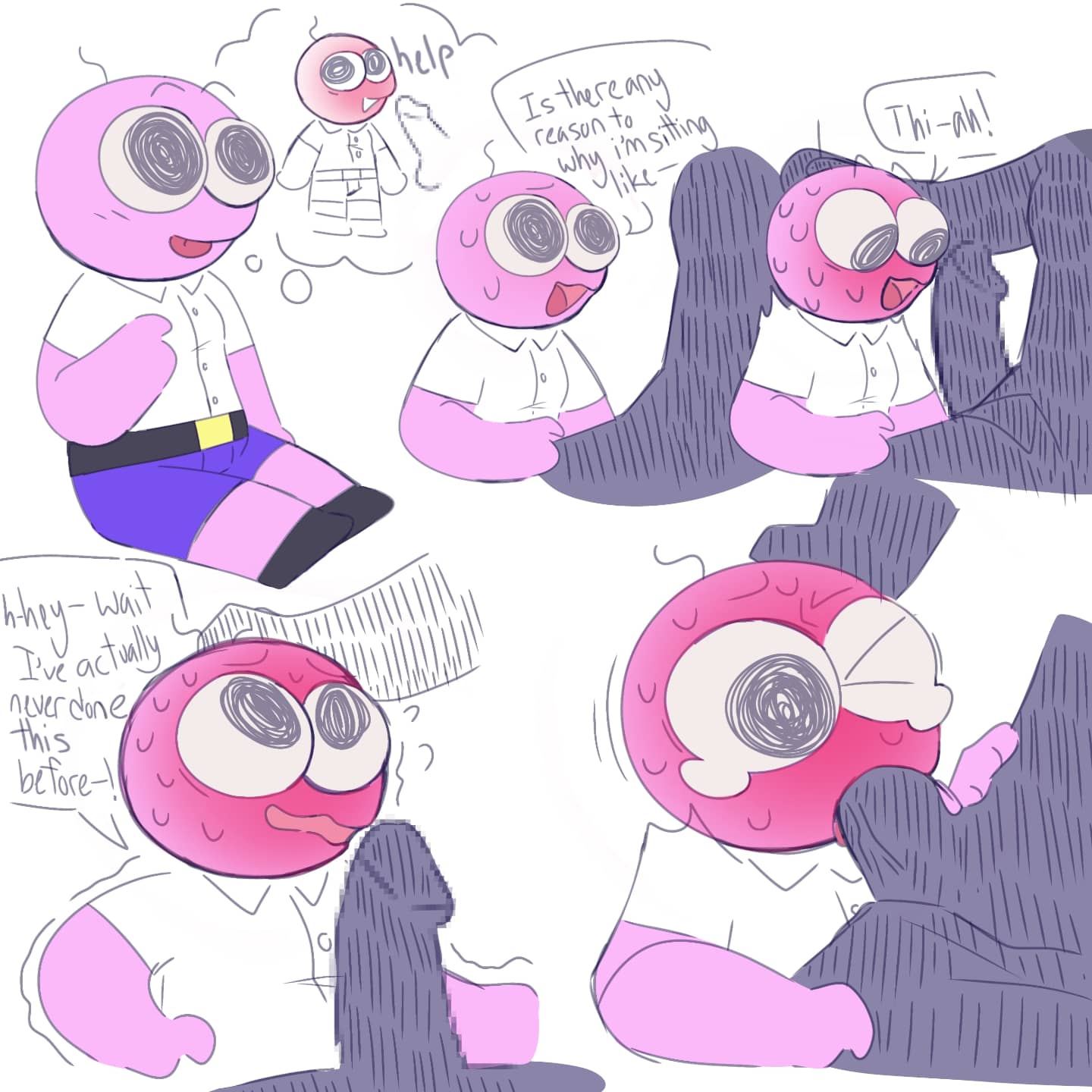 2boys, anon, blush, blushing profusely, drooling, fellatio, first time, forced, forced oral, gay, male, male only, nervous smile, nonconsensual, oral, penis, pim (smiling friends), pink body, pink skin, pixelated penis, rape, simple background, size difference, smaller male, smiling friends, sucking, sweat, trembling, unknown artist, worried, yaoi