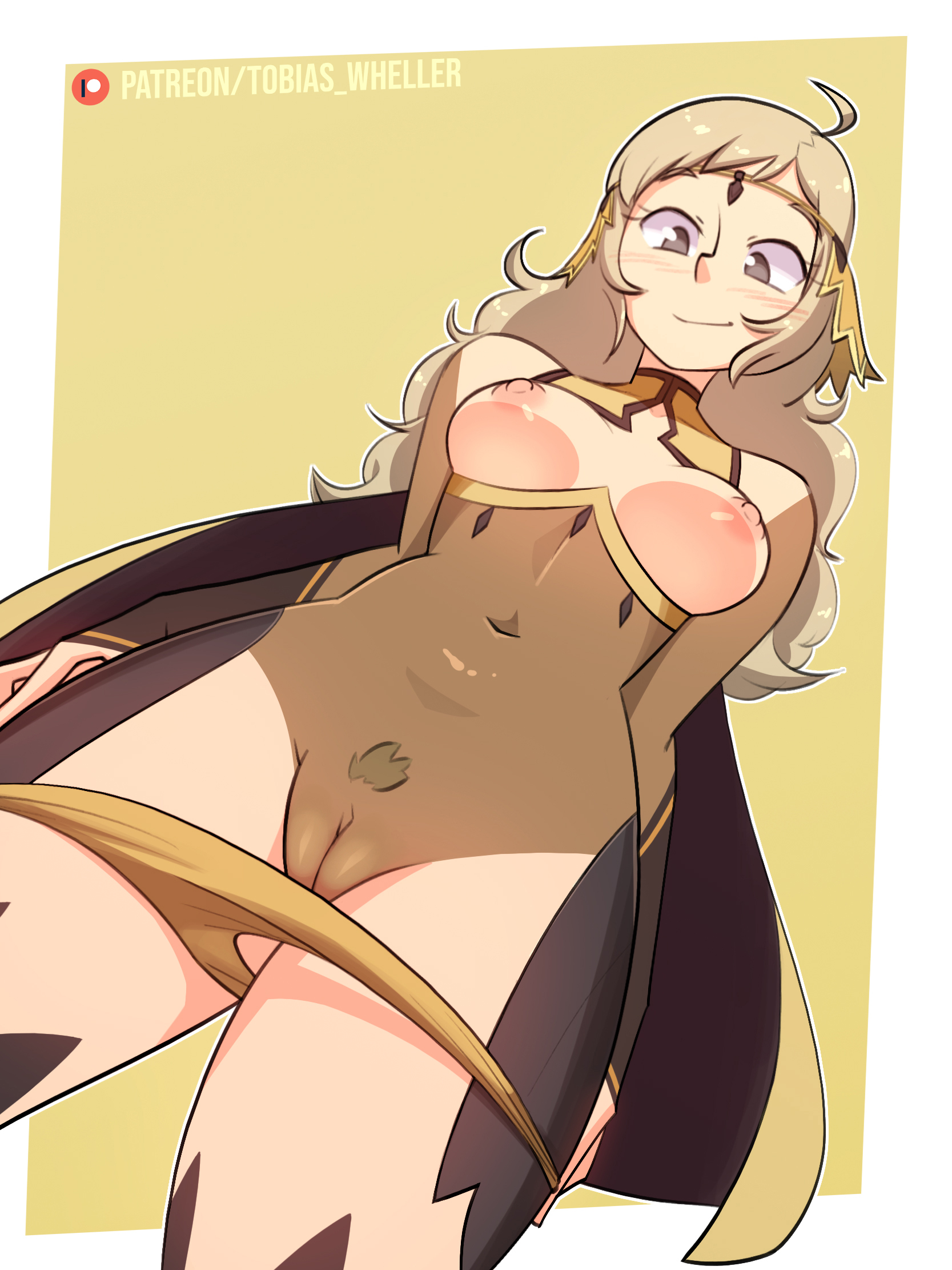 1girls, ahoge, asymmetrical bangs, bangs, bare thighs, blonde hair, bodystocking, breasts, breasts out, bridal gauntlets, cape, circlet, female, female only, female pubic hair, fire emblem, fire emblem fates, from below, grey eyes, highres, inner thighs, innie pussy, long hair, looking at viewer, looking down, medium breasts, nintendo, nipples, ophelia (fire emblem), panties, panties down, pubic hair, pussy, see-through, small breasts, smile, solo, thighhighs, thighs, tobias wheller, turtleneck, underwear, upper body, yellow panties