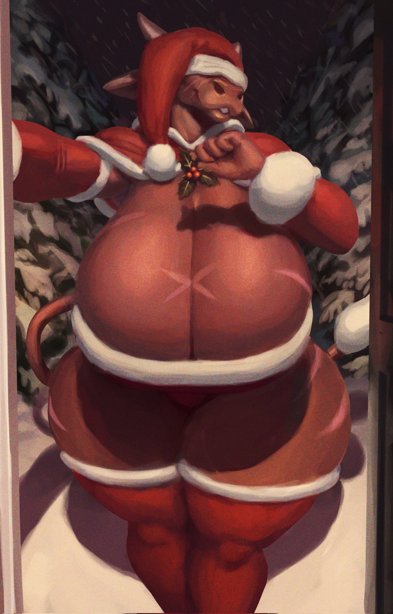 1girls 2021 2d_looking_like_3d 5_fingers anthro big_breasts body_markings bovid bovine breast_scar breasts cattle christmas christmas_clothing christmas_headwear christmas_stockings cleavage clothed clothing deep_cleavage detailed_background detailed_shading digital_drawing_(artwork) digital_media_(artwork) digital_painting_(artwork) female hat headgear headwear hi_res holding_object holidays horn huge_breasts hyper_bimbo legwear long_cleavage long_ears long_tail mammal massive_breasts mistletoe night patacon red_hat red_legwear santa_hat scar snow solo stockings thick_legs thick_thighs thigh_highs top_heavy_breasts