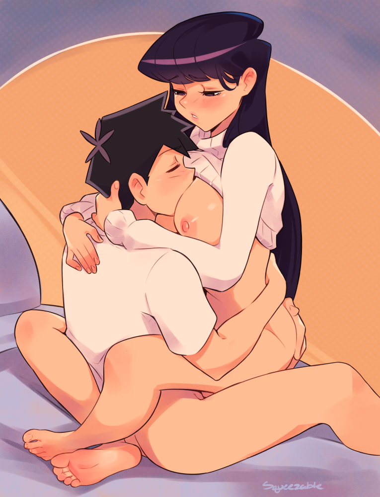 1boy, 1girls, areolae, barefoot, big breasts, black hair, blush, bottomless, breast sucking, breasts, closed eyes, clothed, couple, cute, embarrassed, feet, female, female on top, hugging, komi shouko, komi-san wa komyushou desu, leg lock, long hair, lotus position, male, nipples, no bra, no panties, nose, on bed, partially clothed, sex, sitting, sitting on person, soles, squeezable, straight, sucking, sweater, sweater lift, tadano hitohito, tagme, upright straddle, wholesome
