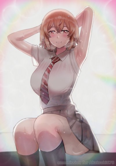 armpits background_sky blush blush blushing_at_viewer brown_eyes brown_hair hinata_tachibana school_uniform shirt showing_armpits sitting skirt smiling_at_viewer sweat sweatdrop thick_legs thick_thighs thighhighs tokyo_revengers voidmakerz wet_body wet_clothes wet_skin