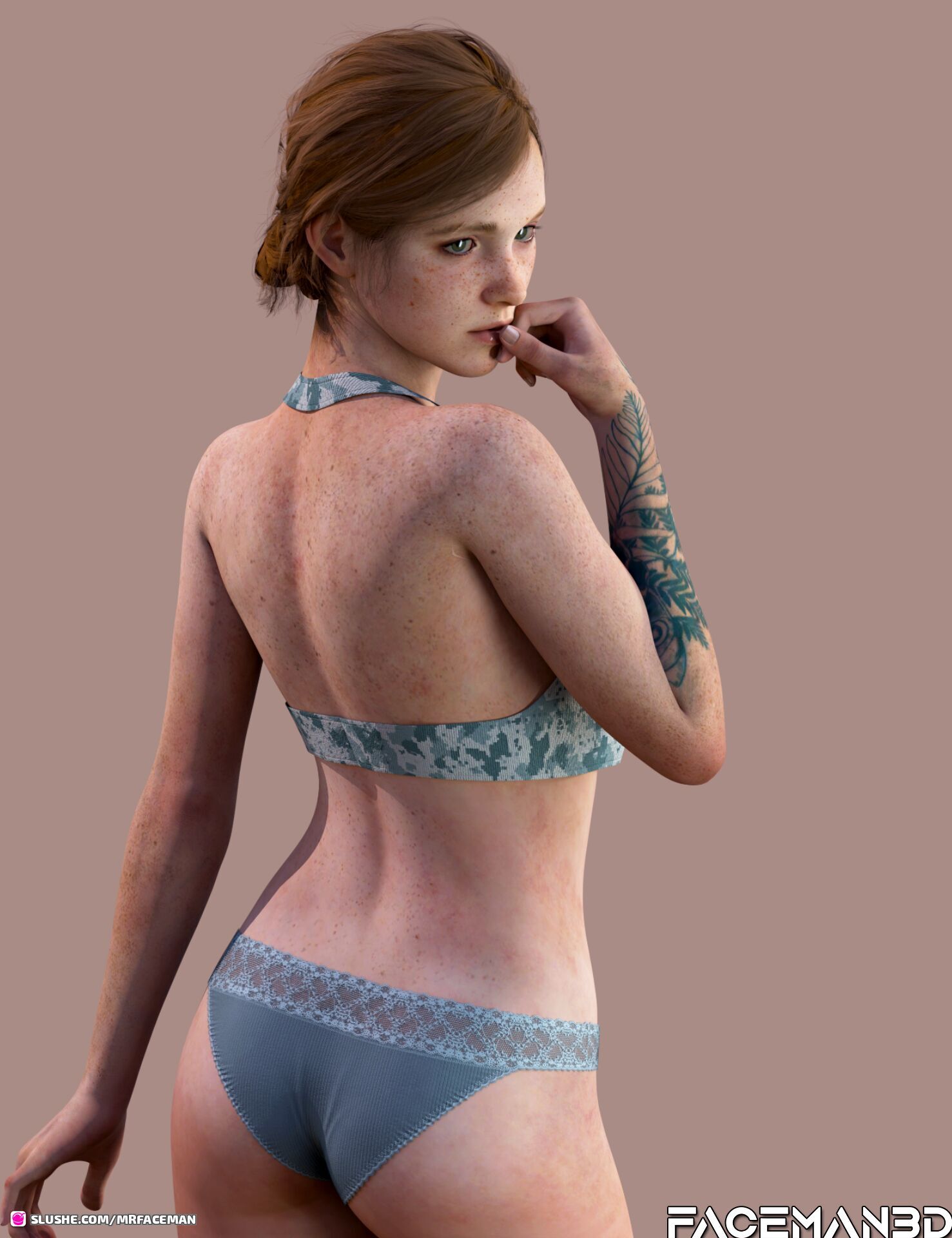 1girls, 3d, 3d (artwork), ass, back view, bare arms, bare back, bare legs, bare midriff, bare shoulders, bare thighs, bra, breasts, brown hair, ellie (the last of us), ellie williams, faceman108, female, female focus, female only, freckles, green eyes, hi res, looking back, naughty dog, panties, short hair, small breasts, solo, solo female, solo focus, sony interactive entertainment, tattoo, the last of us, the last of us 2, tied hair, underwear