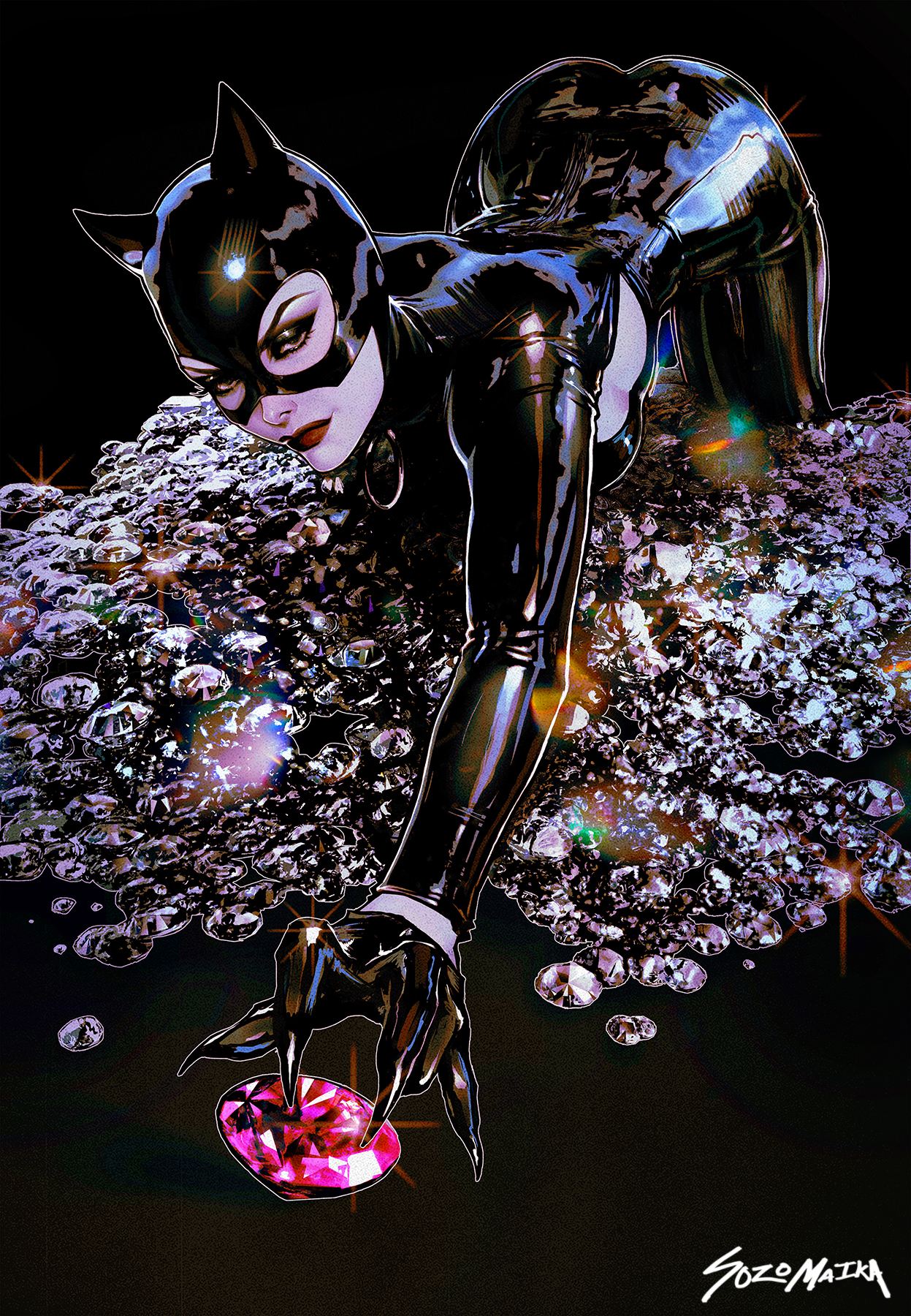 athletic, athletic female, batman (series), bending forward, bodysuit, breasts, catwoman, dc, dc comics, female, jewels, latex suit, selina kyle, sole female, sozomaika