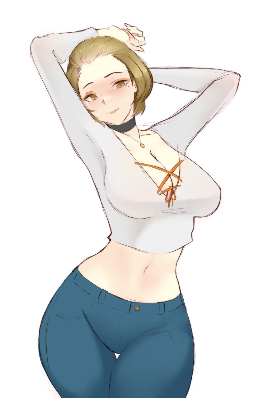 1girls, armpits, arms up, bare midriff, beauty mark, breasts, choker, cleavage, eyeshadow, female, female only, fire emblem, fire emblem: three houses, large breasts, lipstick, looking at viewer, makeup, manuela casagranda, midriff, mole, mole under eye, nintendo, orange eyeshadow, orange lips, orange lipstick, pants, ryumi-gin, shirt, smile, solo, thick thighs, thighs, white background, wide hips