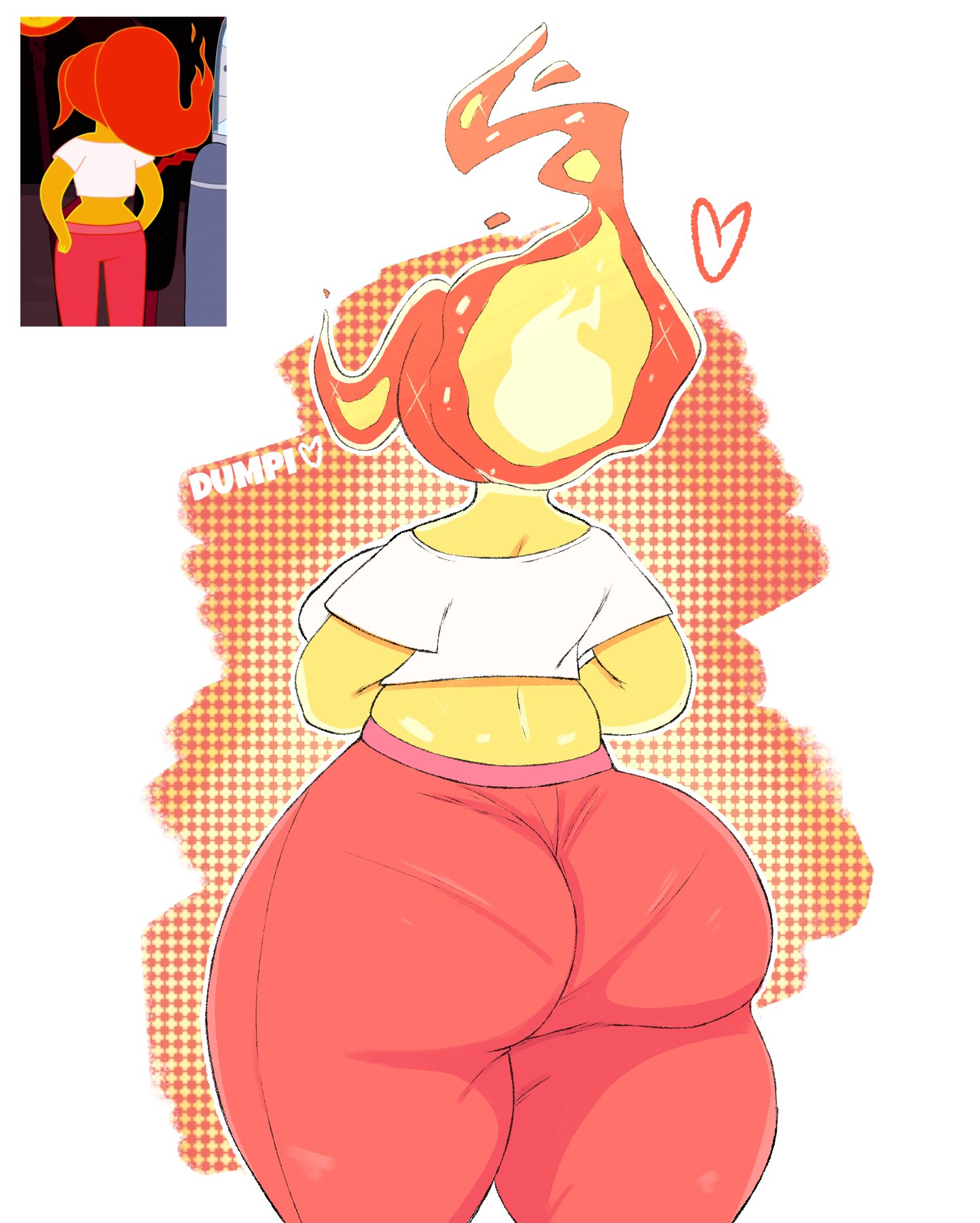 adventure time, ass, big ass, big breasts, bottomwear, breasts, bubble ass, bubble butt, crop top, dumpiwumpi (artist), faceless female, female, fire hair, flame princess, heart, huge ass, large ass, leggings, red bottomwear, red head, red pants, round ass, tagme, thick thighs, thighs, topwear, white shirt, white topwear, yellow body