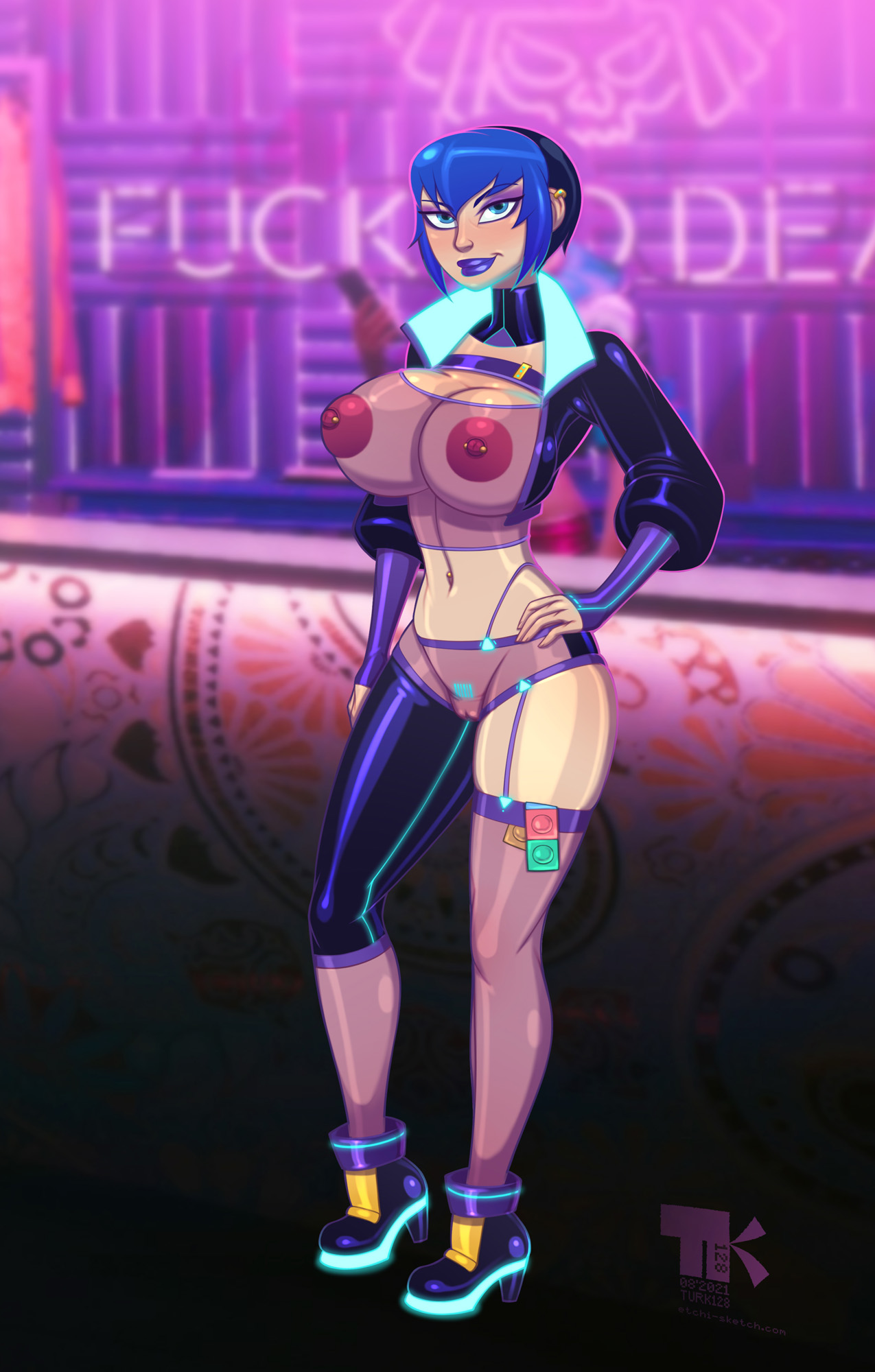 1girls, ass, athletic, athletic female, big breasts, bimbo, blue hair, blue lips, blue lipstick, blurred background, blurry background, boots, breasts, camel toe, cameltoe, condom, condom packet strip, condom wrapper, female, hand on hip, high heels, huge breasts, imposs, impossible clothes, impossible clothing, large ass, leather jacket, looking at viewer, milla (turk128), navel, neon lights, nipple piercing, nipples, original character, piercing, posing, pussy, pussy peek, revealing clothes, see-through, see-through clothing, short hair, smile, smiling, smiling at viewer, standing, streetwear, thick lips, thick thighs, turk128, wide hips