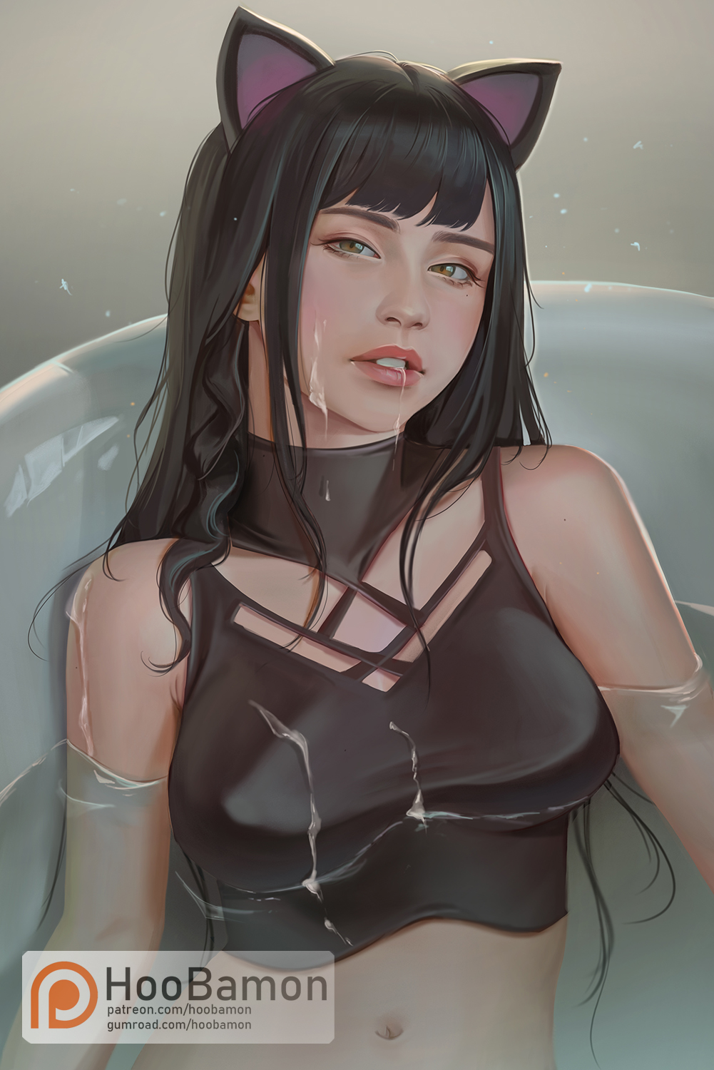 1girls, 2022, bangs, bathing, bathtub, black clothing, black hair, blake belladonna, cat ears, clothed, cum, cum on shoulder, female, green eyes, hoobamon, long hair, looking at viewer, rwby, seductive, solo, tank top